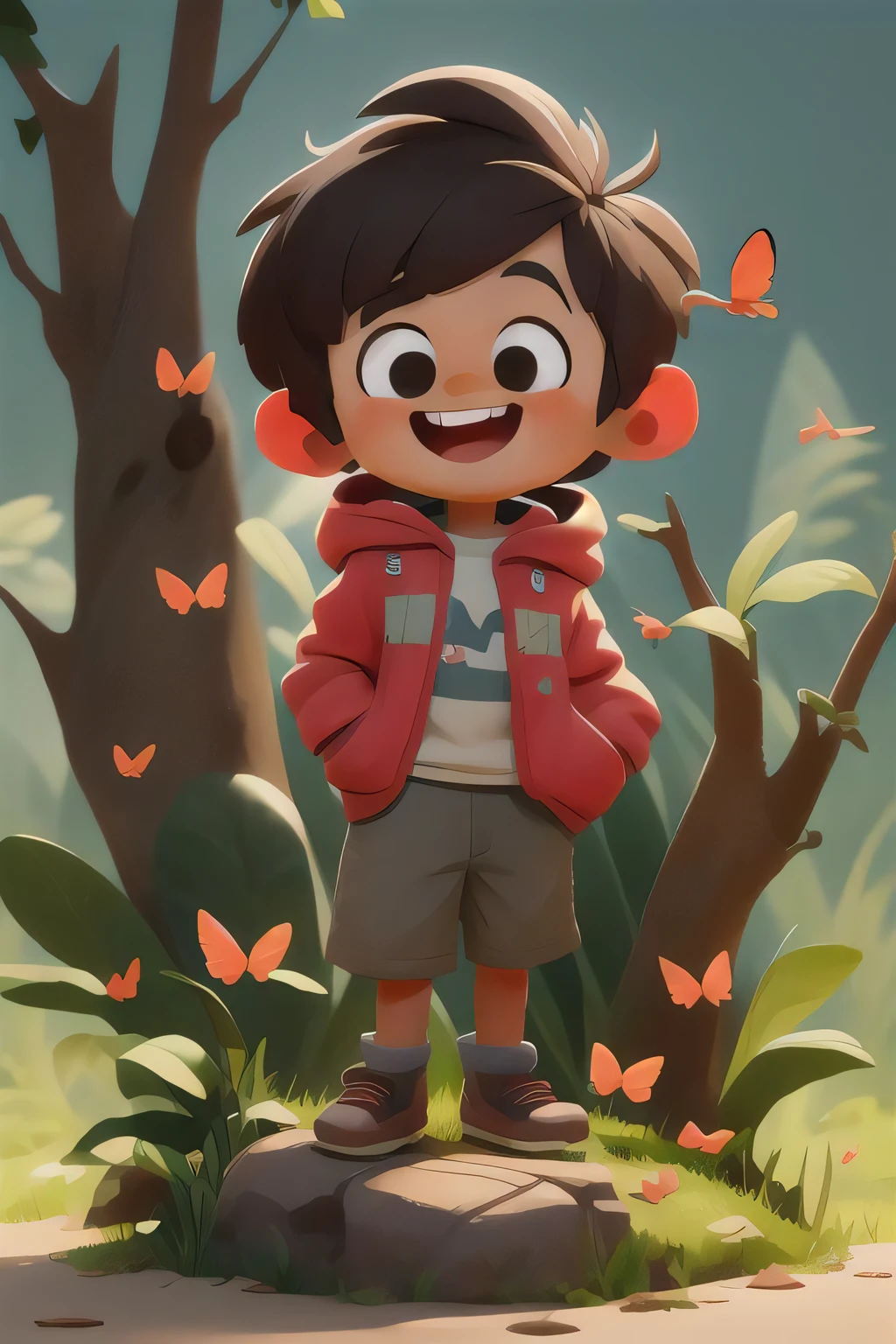 a happy cute kid standing short hair, wearing a space costume, playing with a butterfly, outdoors, background forest, kid, toon, pixar style, 3d, cartoon, detailed face, asymmetric