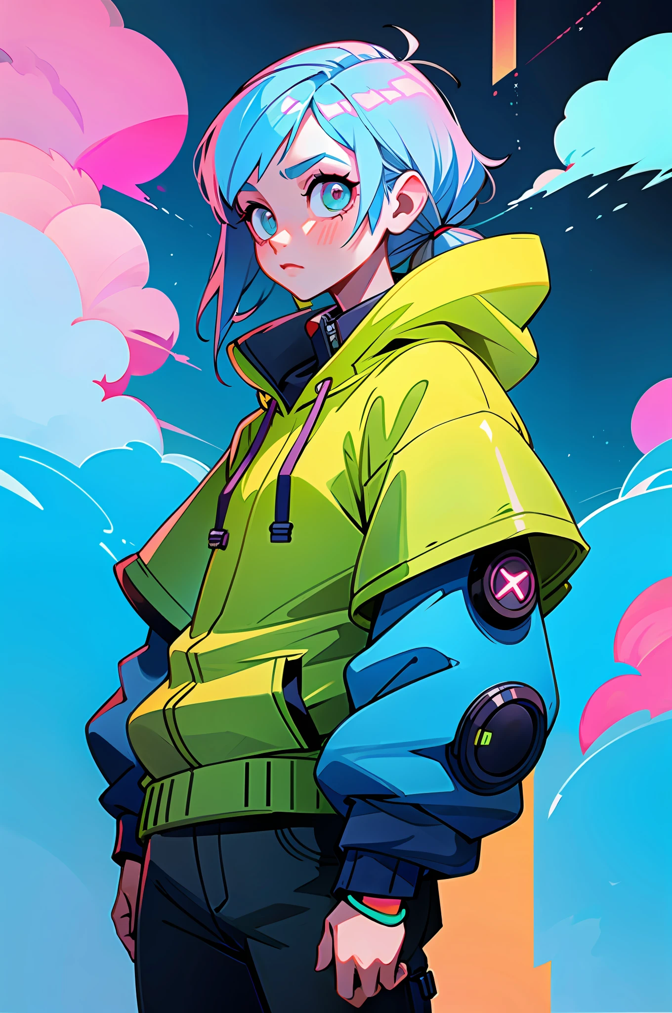(Best Quality, Masterpiece), 1Girl, Cyberpunk, Sweatshirt, Neon, Cloudy Sky, (Cartoon: 1)