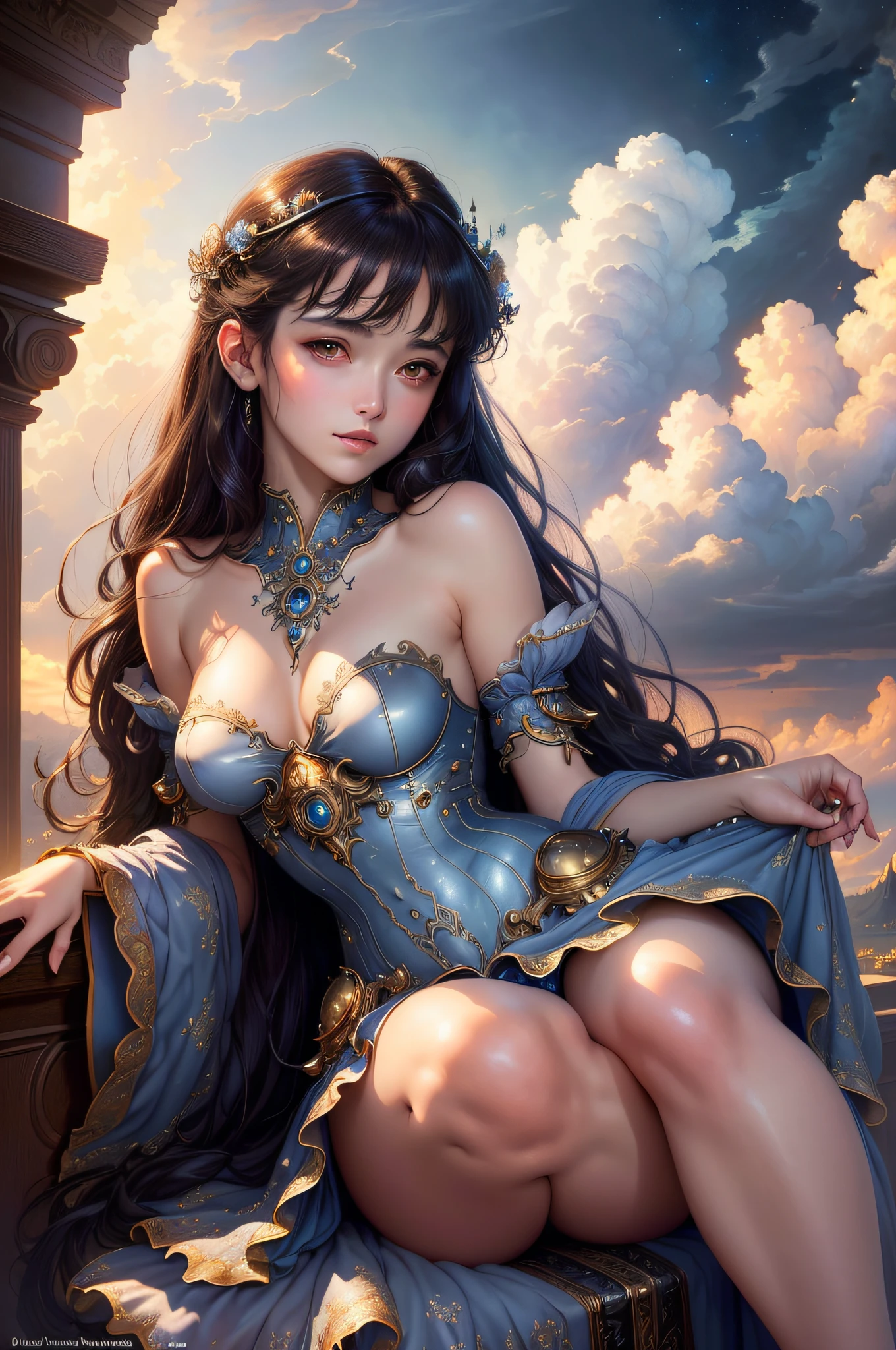 ((best quality)), ((masterpiece)), (detailed), seductive girl, ethereal beauty, perched on a cloud, (fantasy illustration: 1.3), charming look, captivating pose, delicate dress, supernatural charm, mystical sky, (Luis Royo:1.2), (Yoshitaka Amano:1.1), moonlit night, soft colors, (detailed clouds:1.3), (high resolution:1.2) black hair, white skin, brown eyes