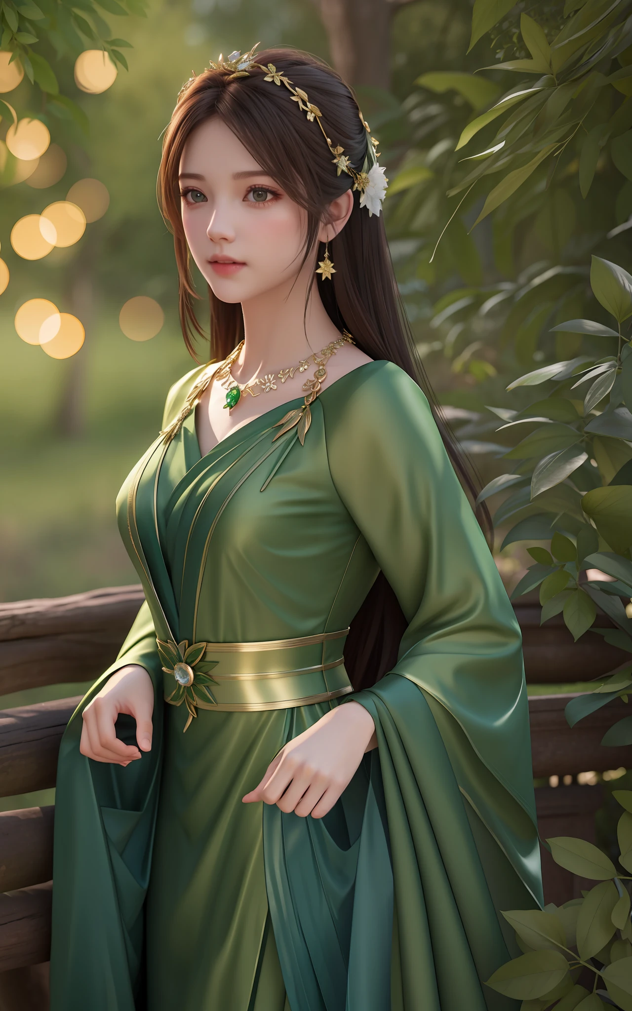 woman with long hair and a green dress in the woods, , art by Abbott Handerson Thayer, fine detail, atmospheric, vivid tones, sharp focus, sharp edges, Beautiful simple necklace, detailed eyes, detailed face, looking into camera, intricate, night outfit, bokeh background, back lighting, realistic concept art, digital painting, rich 3d render, The entire face that is captured on screen, 16k