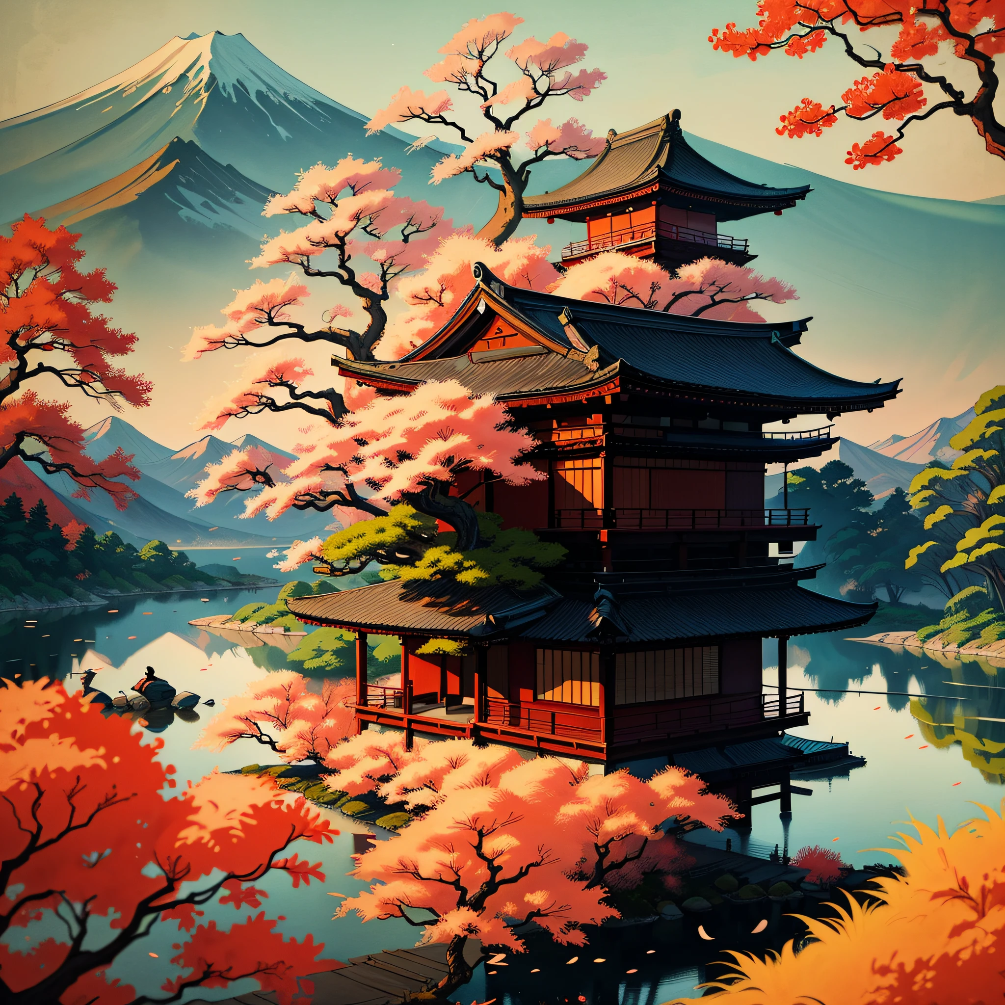 Asian Scenery, Sumi-e Stylized Style, Ukiyo-e, Elegant Lines and Simplified Shapes, Fluid Strokes, Graceful, Rich Colors, Vibrant Colors, Red, Black, Gold and Blue, Armor and Katanas with Minute Details and Authentic Design, Japanese Landscape, Mountains and Cherry Trees in FLor, Temples and Zen Garden, Japanese Culture, Samurai, Action, Expressions of Intense Art, Natural Elements, Balance, Strength and Serenity, Sense of Harmony and Contemplation, ArtStation, Masterpiece