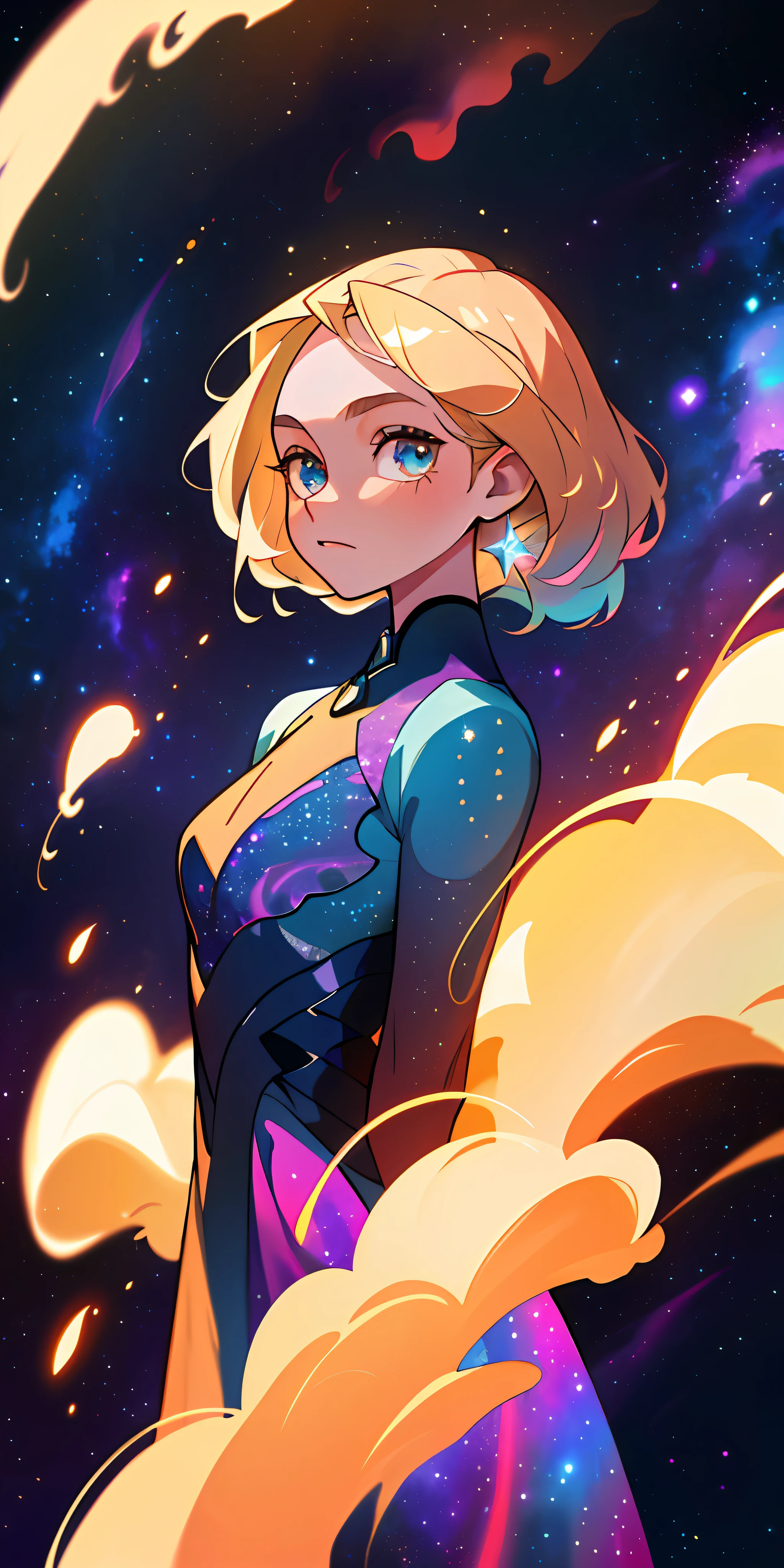 (best quality, masterpiece), 1girl, galaxy, glitter, blue dress, particle, wind, upper body, cosmic nebula background, looking at viewer, blonde, wildly hair