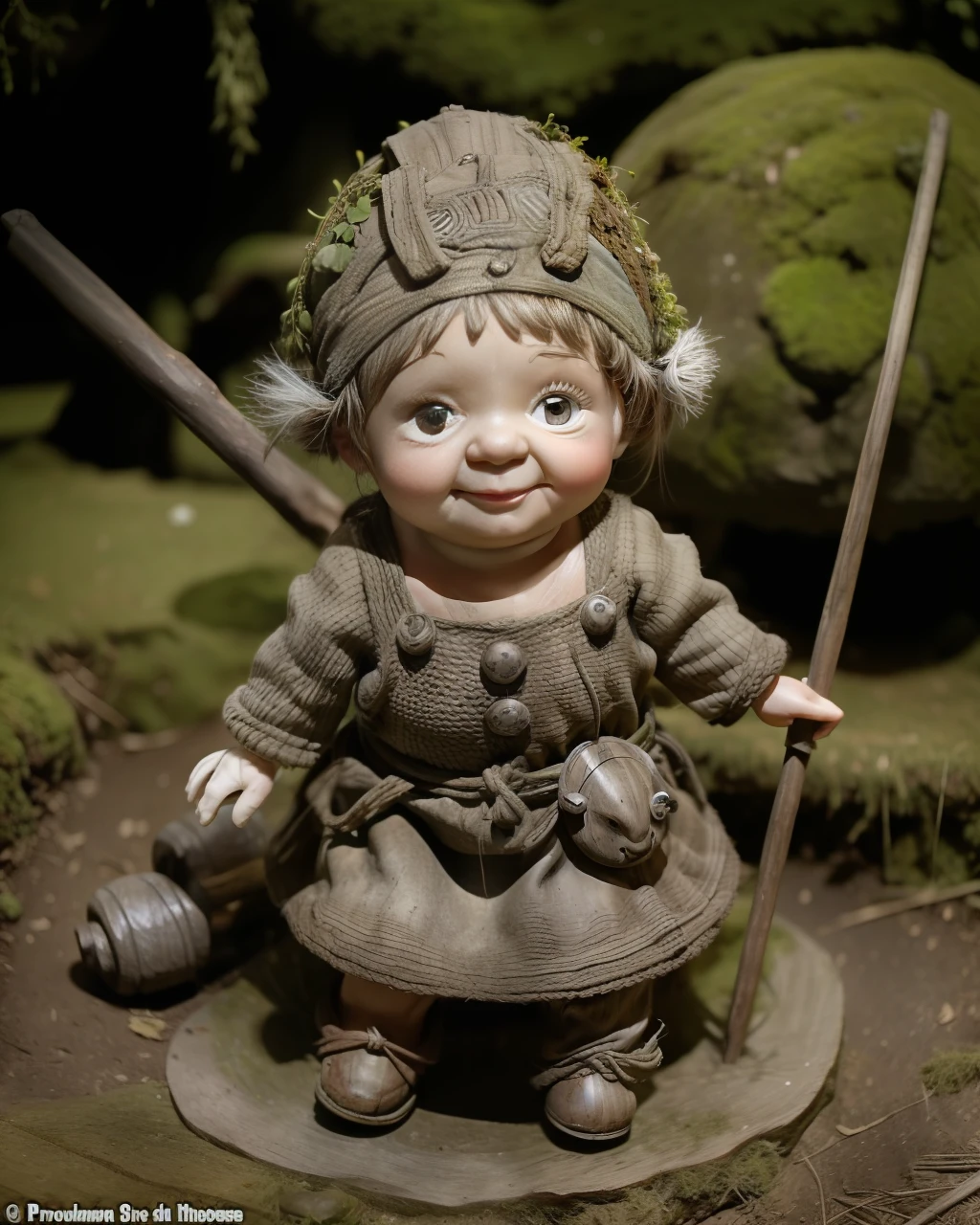 The moss people are sometimes described as similar to dwarfs, being the same size as children, but "grey and old-looking, hairy, and clad in moss." Sometimes, moss folk are also bigger. In other descriptions they are said to be pretty. In Saxony, the Holzweibchen ("little wood woman"), also called Buschweibchen ("little shrub woman"), appears as a small shrivelled old woman with a wrinkly face, carrying wood in a basket on its back or brushwood in its apron, walking around propped on a stick or cane, or sitting in a shrub spinning or knitting at crossroads.
