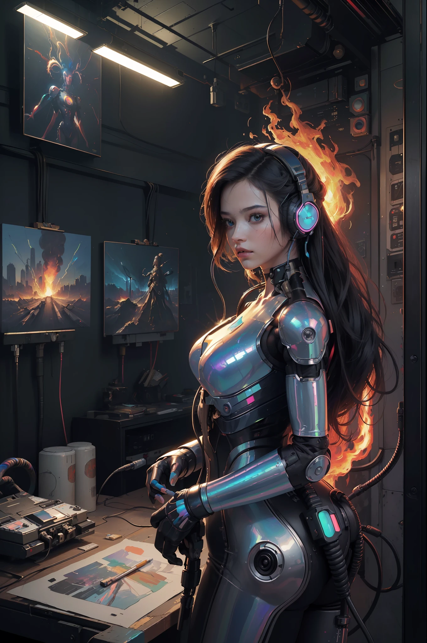 (masterpiece, best quality, highres, absurdres, detailed:1.2), humanoid, robot, wearing headphones, looking away, (cyberpunk, art canvas, paint brush, easel, iridescent, holographic: 1.6), (cables, wires, flames, fire, smoke, overheat, explosion, indoors, room, simple background)