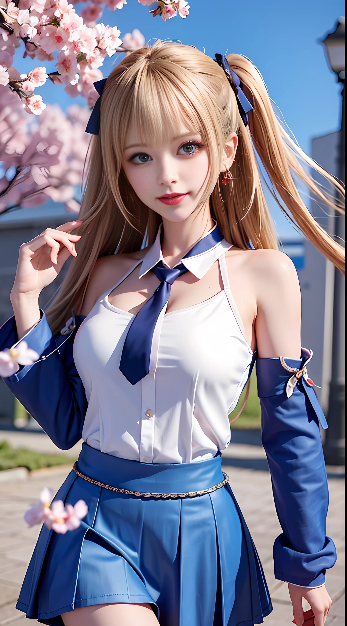 Masterpiece, Superb Piece, Full Body, 1Girl, Bangs, Blue Choker, Red Tie, Blonde Hair, Blue Skirt, Blush, Bracelet, Choker, Waist Dress, Collarbone, Collared Shirt, Denim Photo, Dress Shirt, Ear Piercings, Eyebrows Visible Through Hair, Gradient Hair, Grin, Gyaru, Jewelry, Kogal, Long Hair, Look at the Audience, Loose Tie, Tie, Piercing, Plaid Skirt, Plaid Skirt, Pleated Skirt, Red Eyes, Ring, School Uniform, Shirt, Skirt, Smile, Solo, white shirt, street, sky, cherry blossoms, petals, illustration, (magazine: 1.3), (cover style: 1.3), fashion, woman, vibrant, dress, pose, front, colorful, dynamic, background, element, confident, expressive, holding, statement, attachment, majestic, coiled, around, touch, scene, text, cover, bold, eye-catching, title, fashion, font, catchy, title, bigger, eye-catching, bigger, eye-catching, modern, stylish, focused, stylish,
