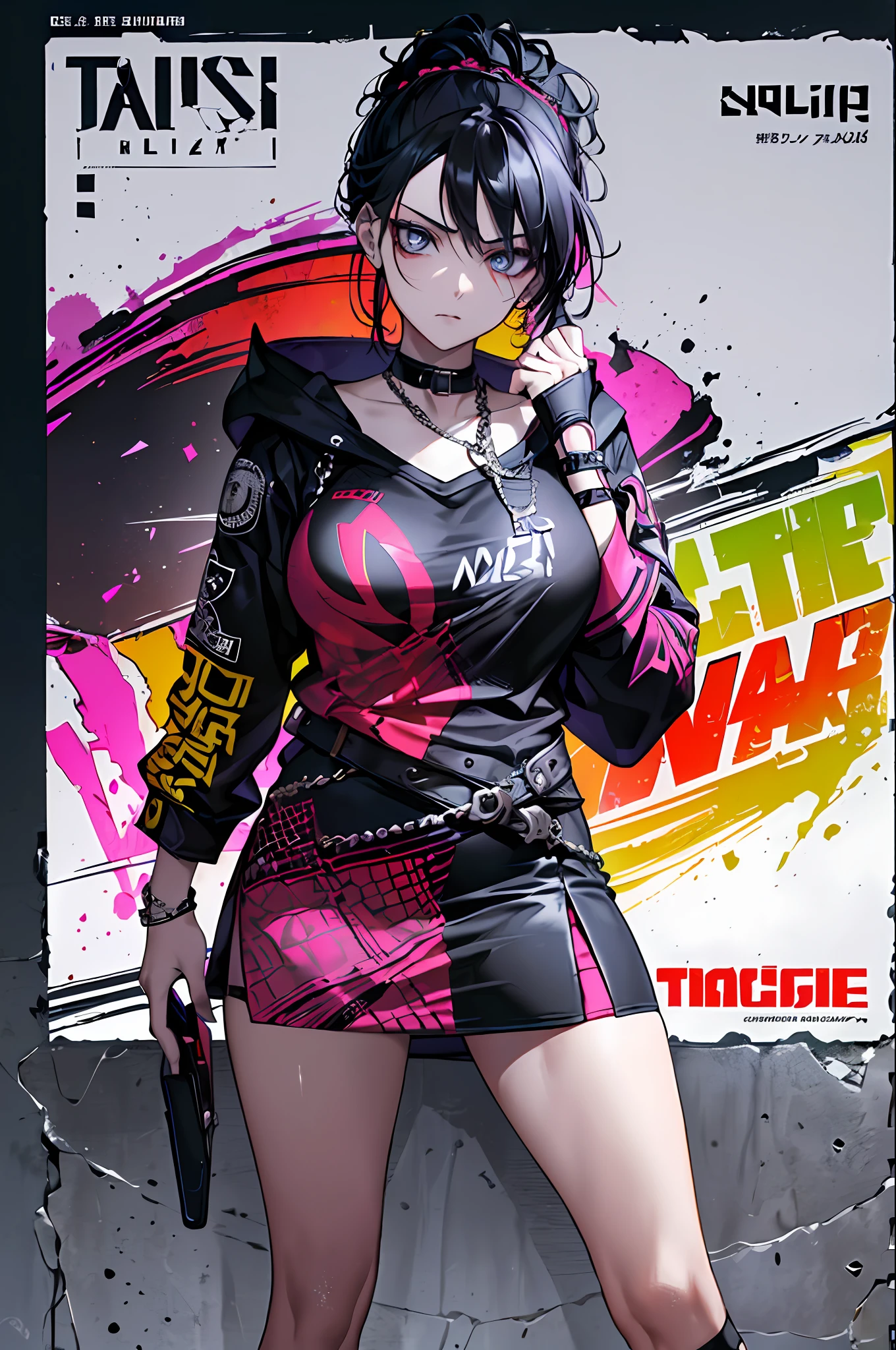 ((((dramatic))), (((gritty))), (((intense))) film poster featuring a young woman as the central character. She stands confidently in the center of the poster, wearing a stylish and edgy outfit, with a determined expression on her face. The background is dark and gritty, with a sense of danger and intensity. The text is bold and attention-grabbing, with a catchy tagline that adds to the overall feeling of drama and excitement. The color palette is mainly dark with splashes of vibrant colors, giving the poster a dynamic and visually striking appearance,tachi-e
(magazine:1.3), (cover-style:1.3), fashionable, woman, vibrant, outfit, posing, front, colorful, dynamic, background, elements, confident, expression, holding, statement, accessory, majestic, coiled, around, touch, scene, text, cover, bold, attention-grabbing, title, stylish, font, catchy, headline, larger, striking, modern, trendy, focus, fashion,