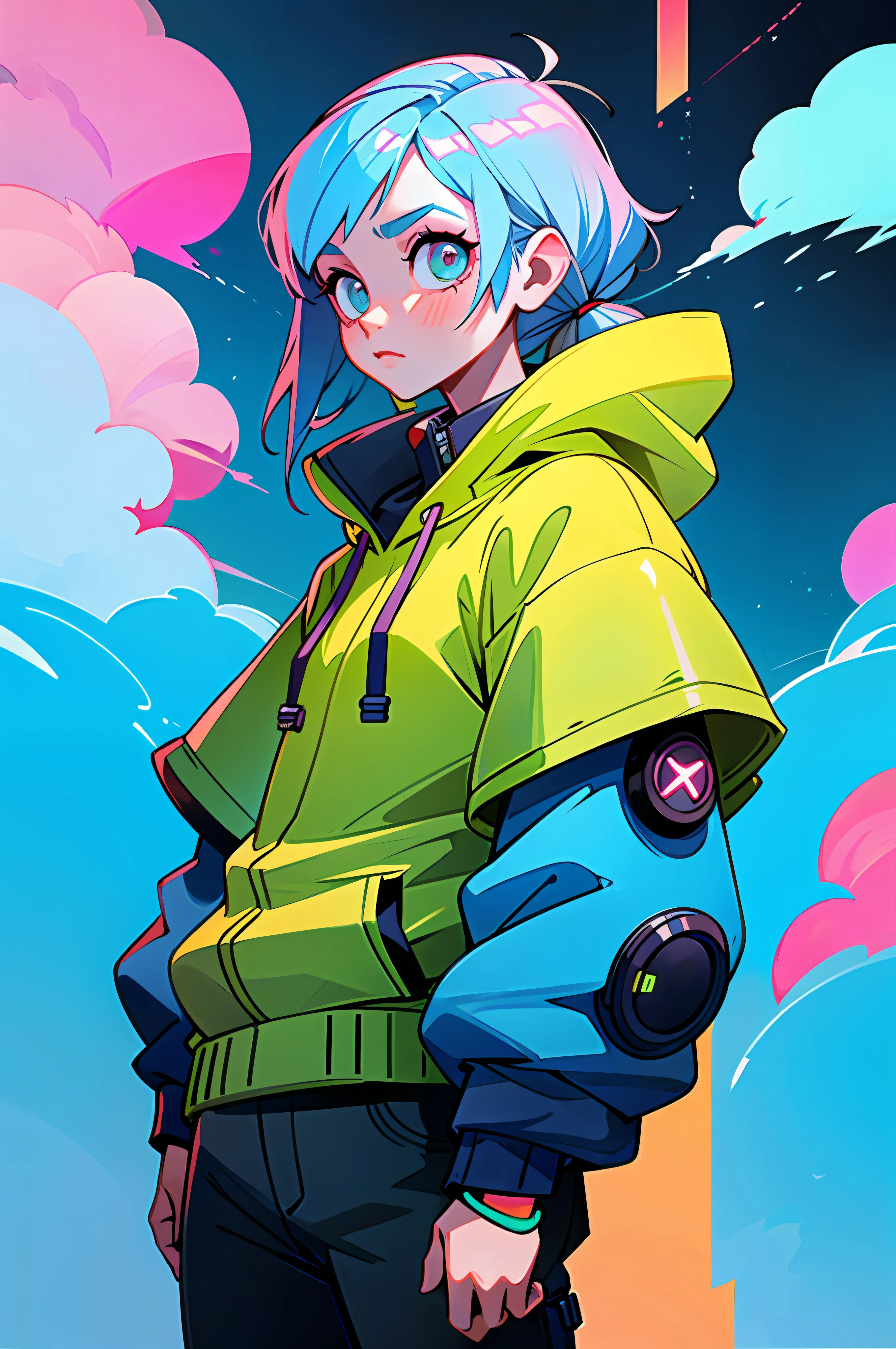 (Best Quality, Masterpiece), 1Girl, Cyberpunk, Sweatshirt, Neon, Cloudy Sky, (Cartoon: 1)