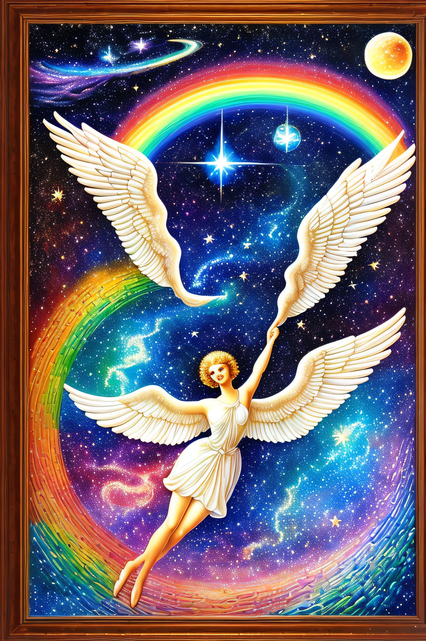 (Masterpiece, top quality, high resolution, absurdity, detail: 1.2), angels, goddesses, angel wings on the back, look away, beautiful frame of Art Deco, (paint brush, rainbow, holographic: 1.6), (universe, celestial body, planet, star, milky way)
