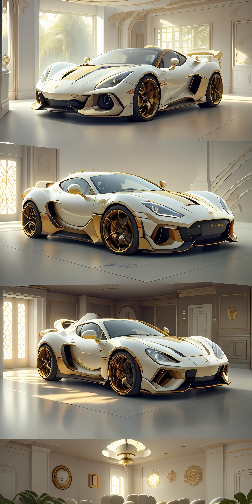 Ivory Golden AI sports car one beautiful interior hut glass background one close-up photo