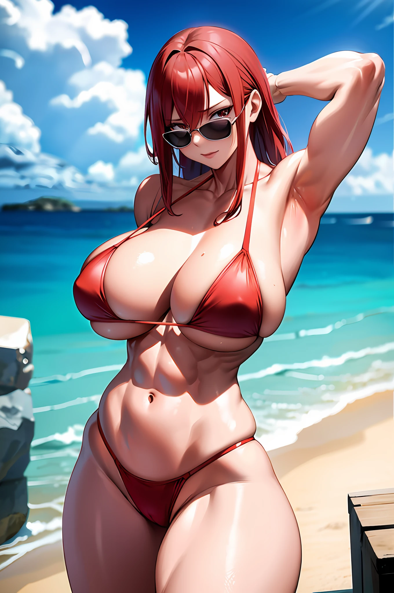 Petite, muscular, woman with muscles, huge chest pov, hentai, red hair bikini, huge chest