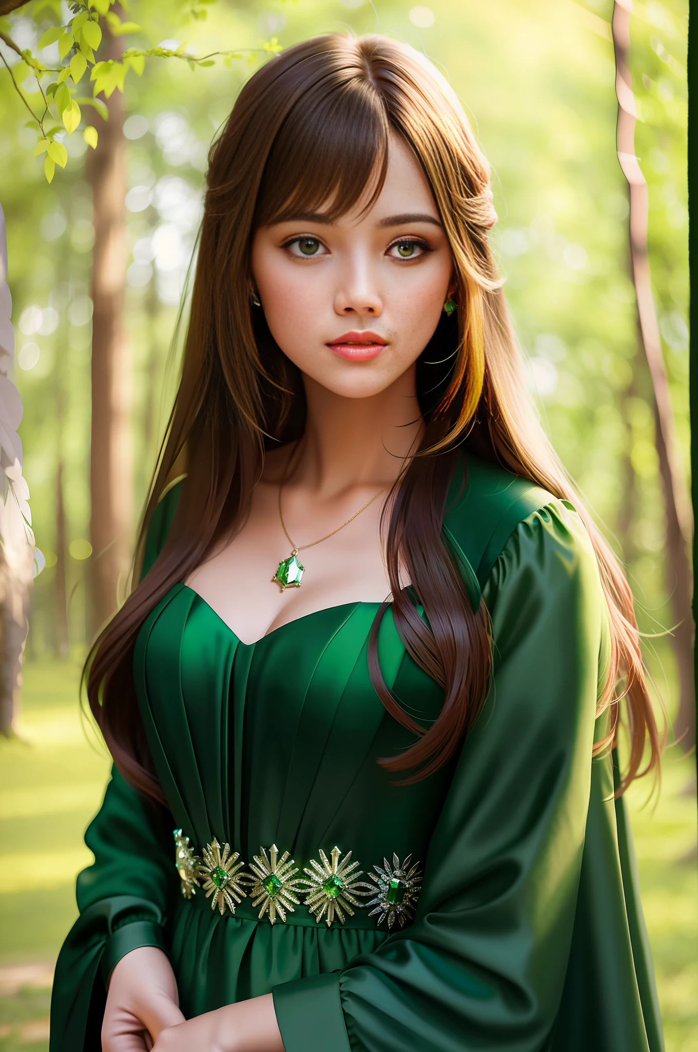 young woman with green eyes and long beautiful hair and a green dress in the woods, art by Abbott Handerson Thayer, fine detail, atmospheric, vivid tones, sharp focus, sharp edges, Beautiful simple emerald and diamonds necklace, detailed eyes, detailed face, looking into camera, intricate, night outfit, bokeh background, back lighting, realistic concept art, digital painting, rich 3d render, The entire face that is captured on screen, 16k