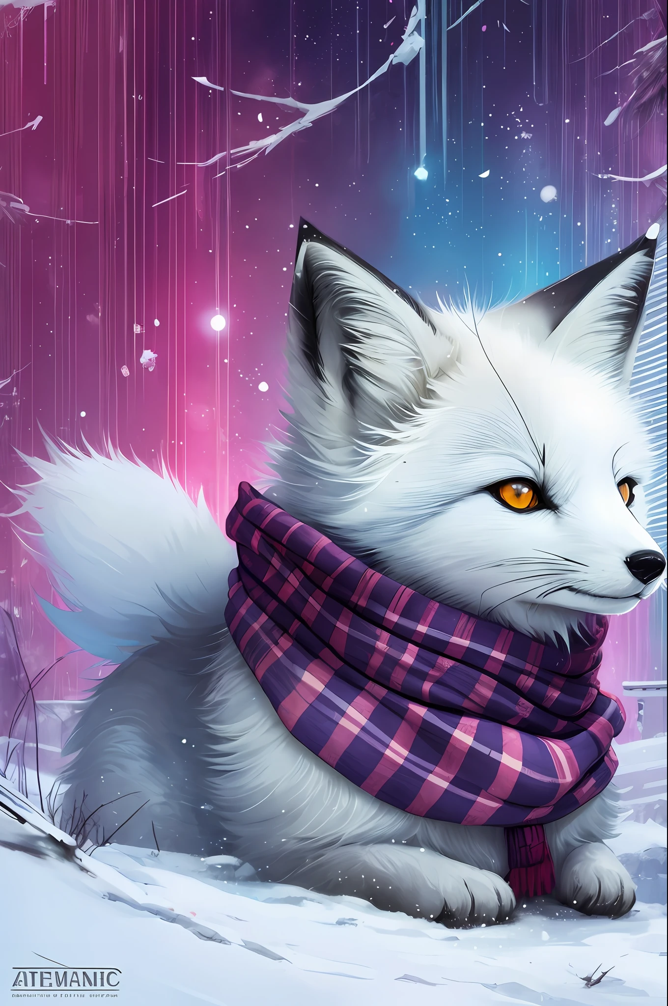 Style-NebMagic, portrait of Ismail Inceoglu, Gazelli, James jean, Anton Fadeev and Yoshitaka Amano, a fluffy cute Arctic fox wearing a Style-SylvaMagic scarf in the snow, very detailed, 8k resolution, digital art, trending on artstation, Vibrant Colours, Chibi style, masterpiece, adorable friendly lovely --auto --s2