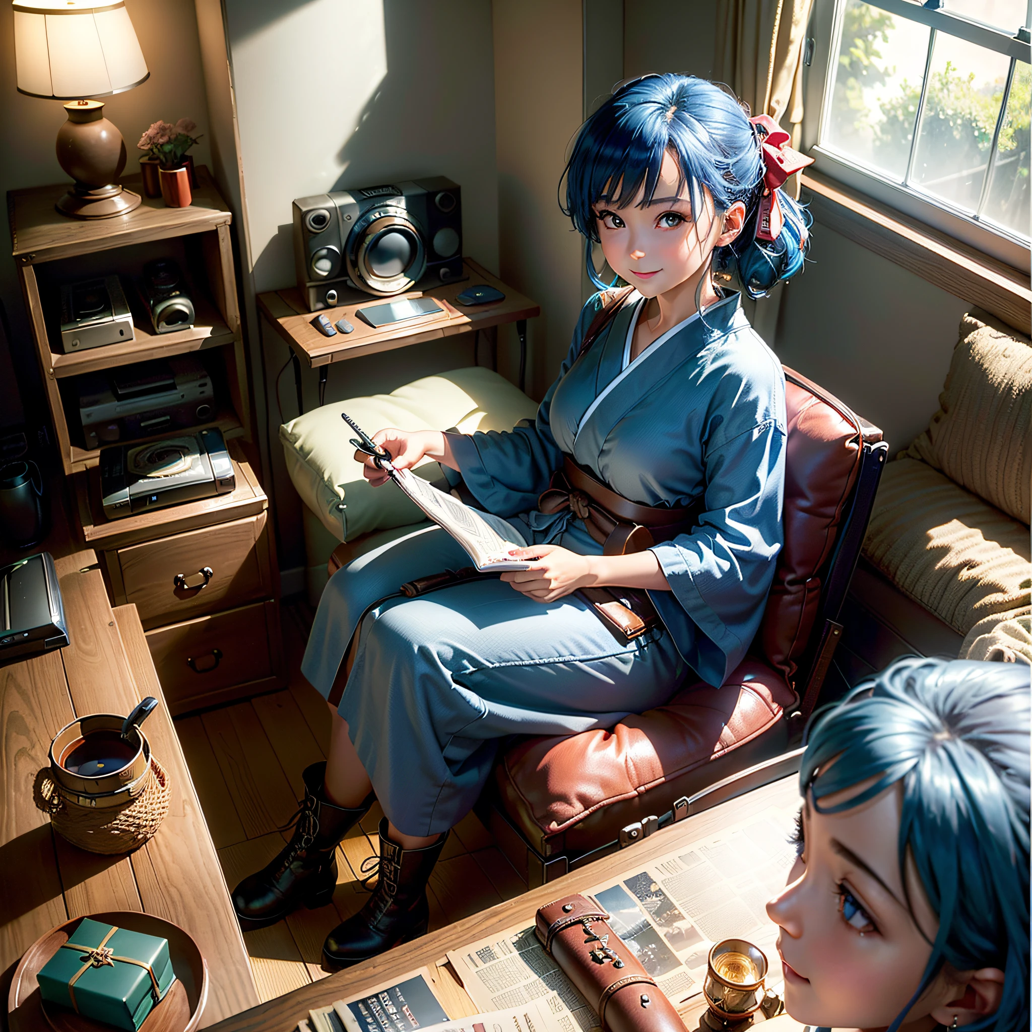 (Masterpiece, highest quality, highest resolution, distinct_image, very elaborate CG, cinematic lighting, ray tracing, drop shadows, detailed detail, (photorealistic: 1.4), high quality textures, fine-grained, realistic face expression): (Girl alone, face is Japan, blue hair, small size breasts, sparkling blue eyes, Eye level shot, happy smile, beauty, slim body, holiday, own room, game console, computer, display, keyboard, mouse, yukata, handgun holder, leather bag, long boots, antique radio, coffee, model train, bookshelf, wooden chair, pot, fan, painting, stuffed animal, tie, notebook, stationery, vase, photo frame, letter, fountain pen, calendar, lamp, cushion, basket, mirror, candle, newspaper, sweets, outside the window you can see the park, telephone, fruit, telescope, retro TV)