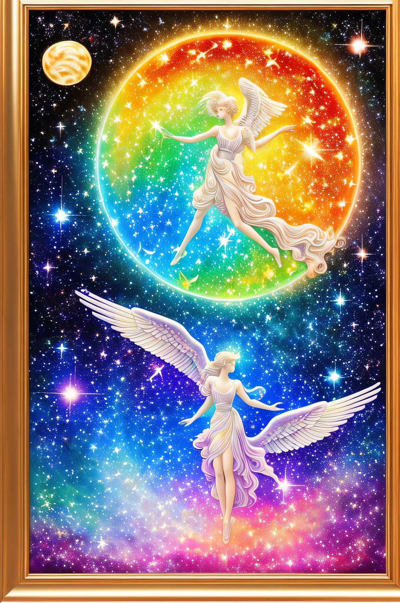 (Masterpiece, top quality, high resolution, absurdity, detail: 1.2), angels, goddesses, angel wings on the back, look away, beautiful frame of Art Deco, (paint brush, rainbow, holographic: 1.6), (universe, celestial body, planet, star, milky way)