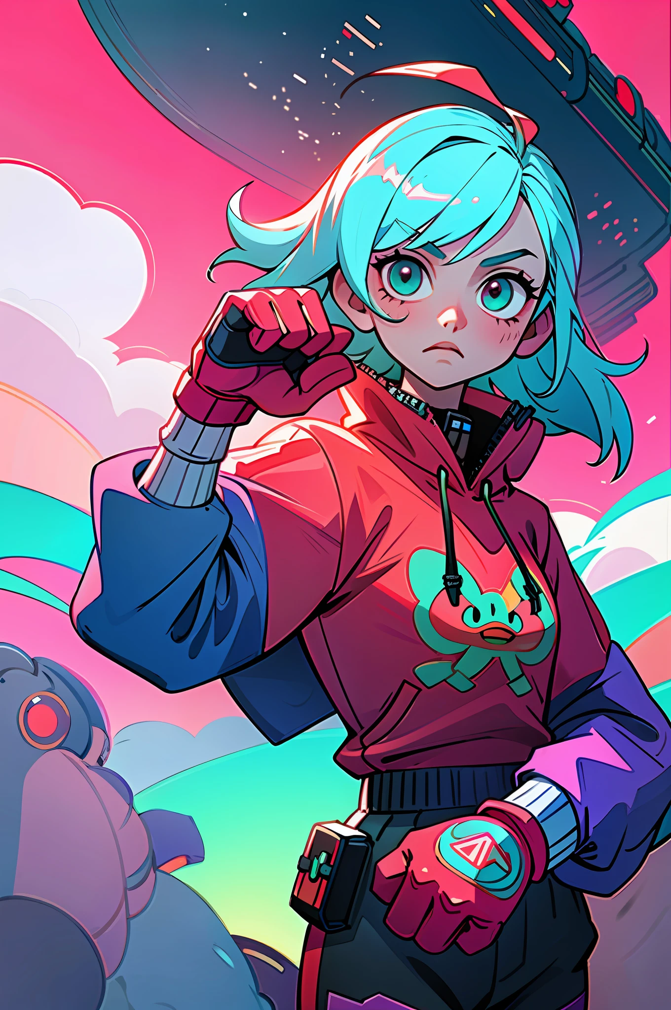 (Best Quality, Masterpiece), 1Girl, Cyberpunk, Sweatshirt, Neon, Cloudy Sky, (Cartoon: 1), metallic boxing gloves