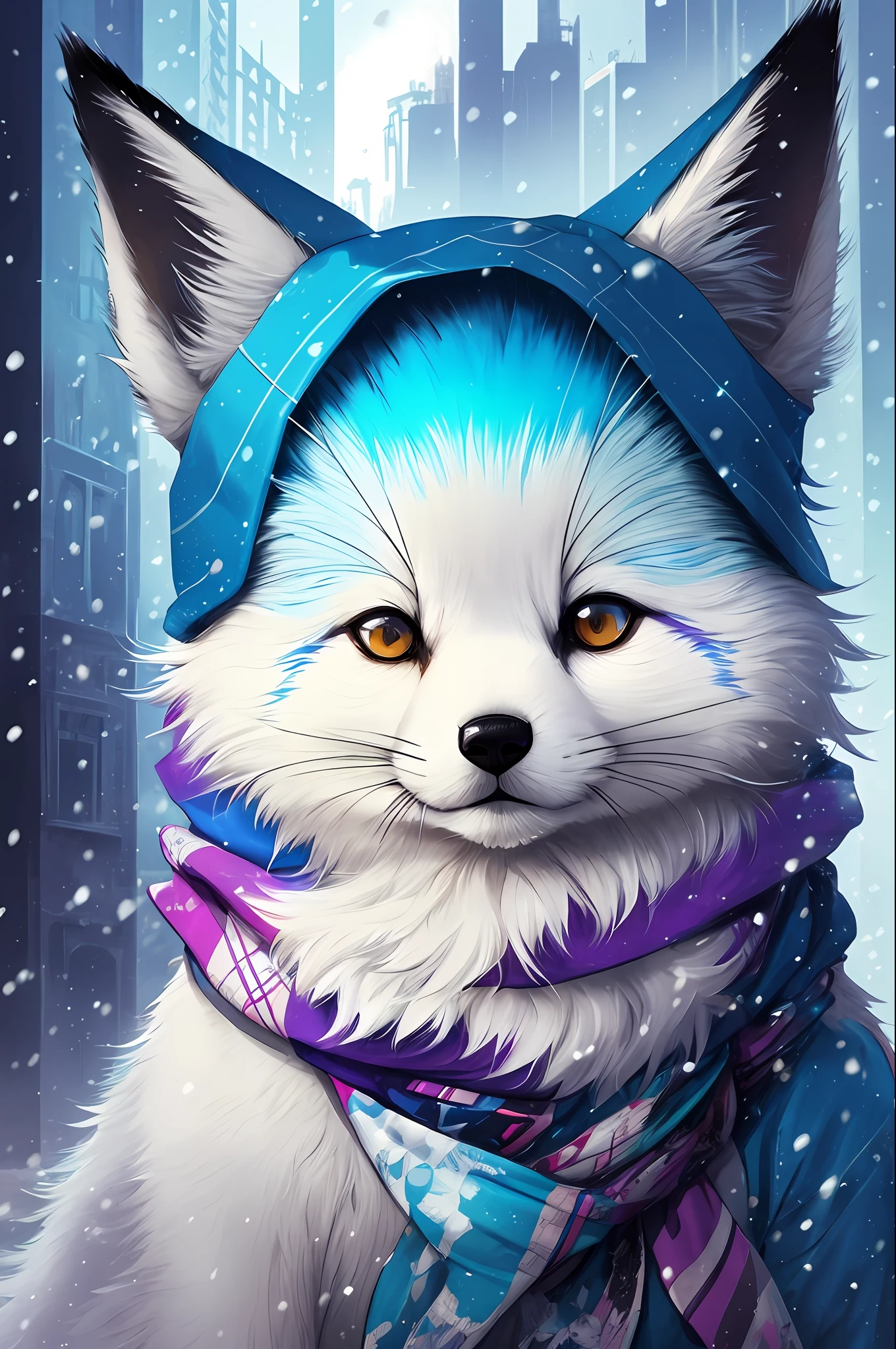 Style-NebMagic, portrait of Ismail Inceoglu, Gazelli, James jean, Anton Fadeev and Yoshitaka Amano, a fluffy cute Arctic fox wearing a Style-SylvaMagic scarf in the snow, very detailed, 8k resolution, digital art, trending on artstation, Vibrant Colours, Chibi style, masterpiece, adorable friendly lovely --auto --s2