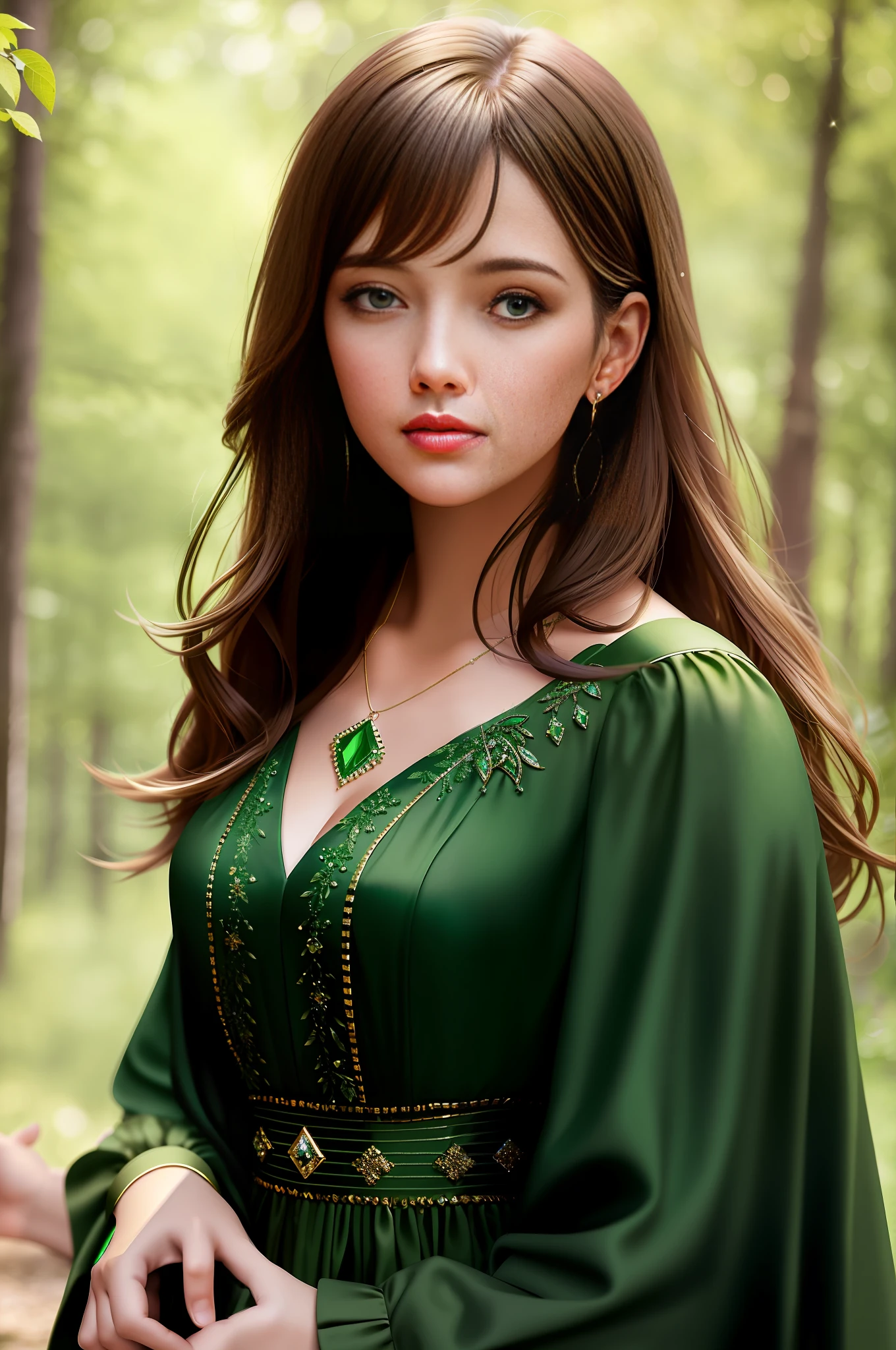 young woman with green eyes and long beautiful hair and a green dress in the woods, art by Abbott Handerson Thayer, fine detail, atmospheric, vivid tones, sharp focus, sharp edges, Beautiful simple emerald and diamonds necklace, detailed eyes, detailed face, looking into camera, intricate, night outfit, bokeh background, back lighting, realistic concept art, digital painting, rich 3d render, The entire face that is captured on screen, 16k