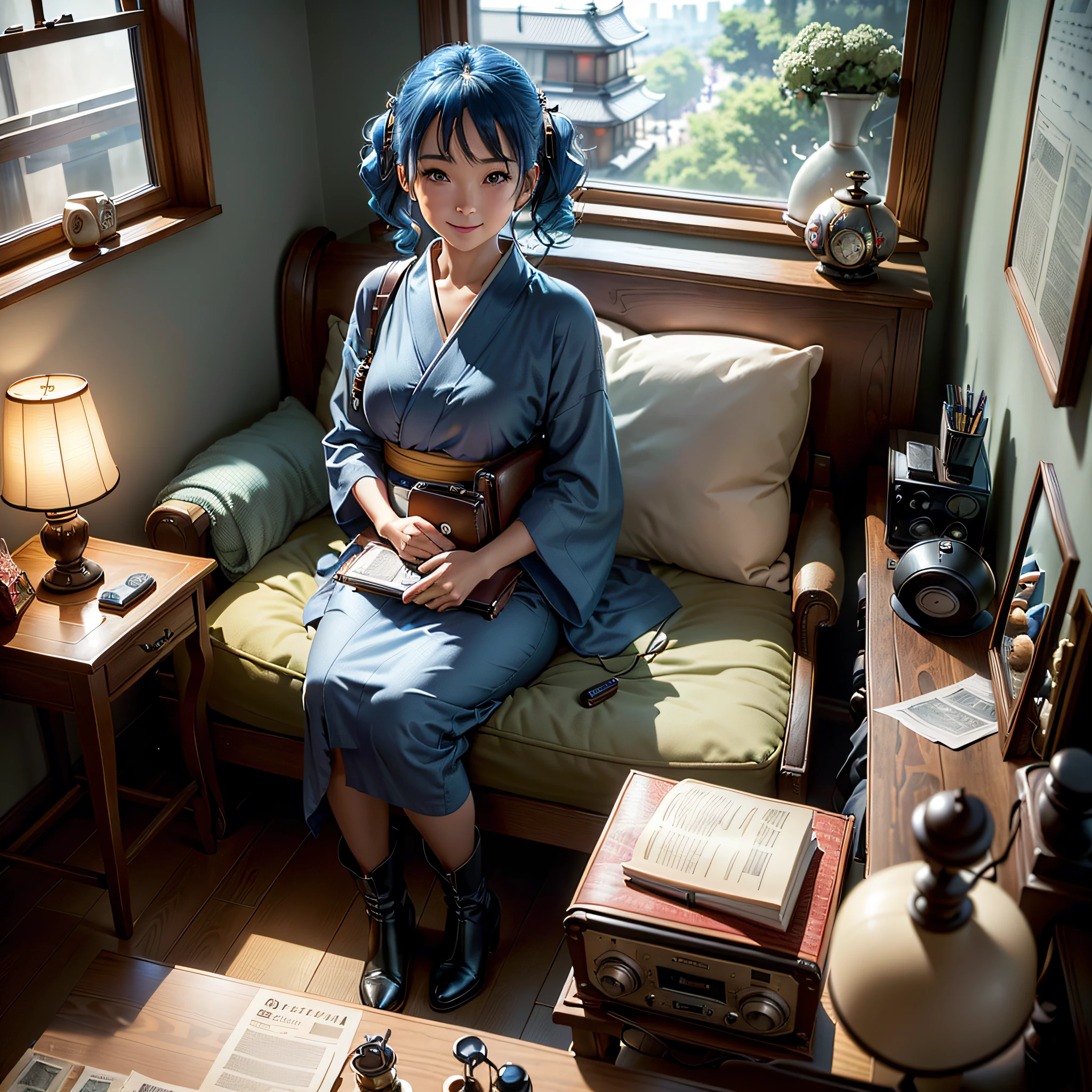 (Masterpiece, highest quality, highest resolution, distinct_image, very elaborate CG, cinematic lighting, ray tracing, drop shadows, detailed detail, (photorealistic: 1.4), high quality textures, fine-grained, realistic face expression): (Girl alone, face is Japan, blue hair, small size breasts, sparkling blue eyes, Eye level shot, happy smile, beauty, slim body, holiday, own room, game console, computer, display, keyboard, mouse, yukata, handgun holder, leather bag, long boots, antique radio, coffee, model train, bookshelf, wooden chair, pot, fan, painting, stuffed animal, tie, notebook, stationery, vase, photo frame, letter, fountain pen, calendar, lamp, cushion, basket, mirror, candle, newspaper, sweets, outside the window you can see the park, telephone, fruit, telescope, retro TV)