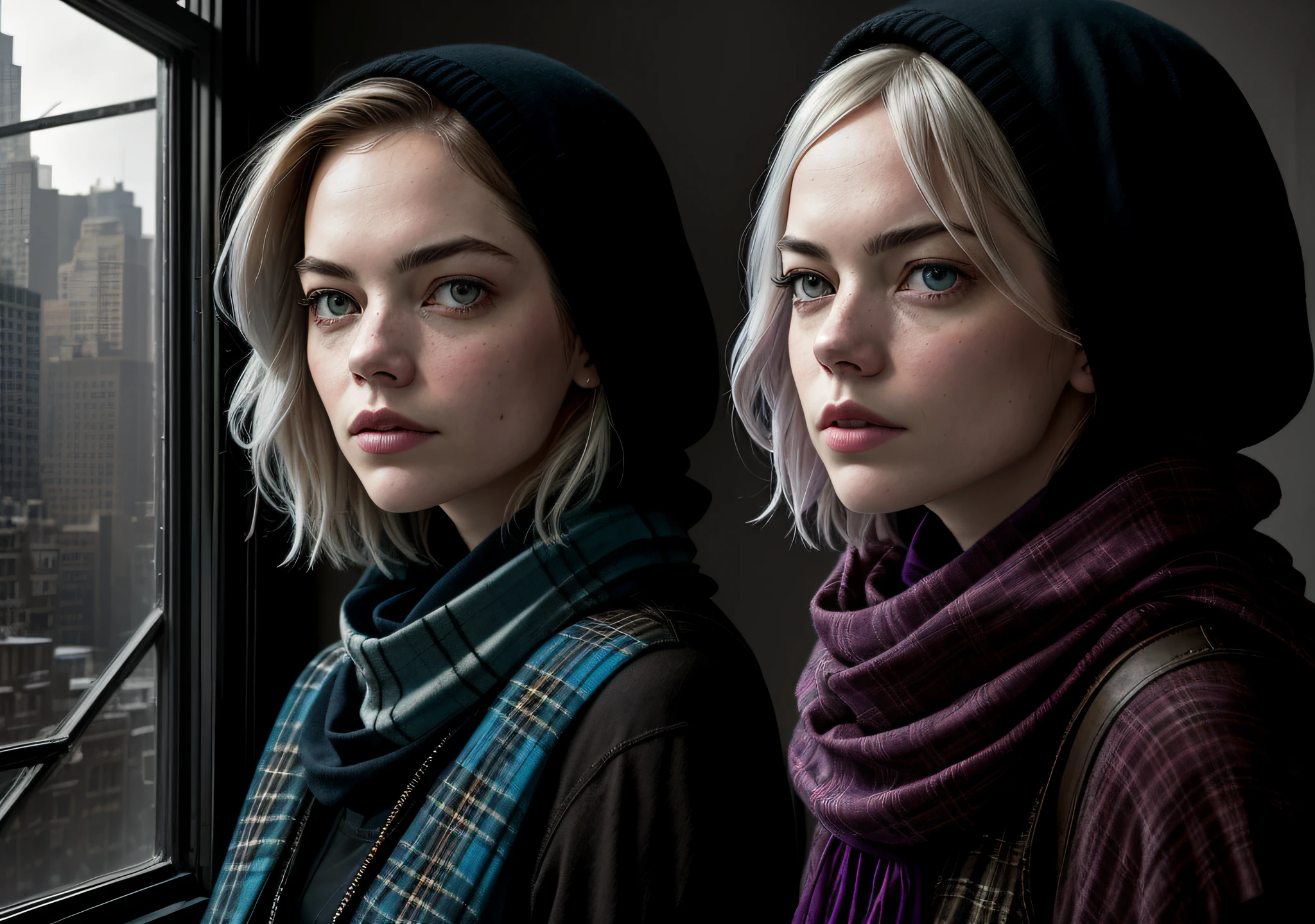 Actress Emma Stone, dark photo: with the body covered, sitting in an old window, realistic epic, halo portrait, blue eyes, plaid scarf, white hair of Atey Ghailan, of Greg Rutkowski, of Greg Tocchini, of James Gilleard, of Joe Fenton, of Kaethe Butcher, yellow gradient, black, brown and magenta color scheme, grunge aesthetic!!! Graffiti brand wall background, art by Greg Rutkowski and Artgerm, soft cinematic light, Adobe Lightroom, Photo Lab, HDR, intricate, highly detailed, (depth of field: 1.4), faded, (neutral colors: 1.2), (HDR: 1.4), (soft colors:1.2), hyperdetailed, (Artstation:1.4), cinematic, warm lights, dramatic light, (intricate details:1.1), complex background, (Rutkowski:0.66), (blue and orange:0.4)