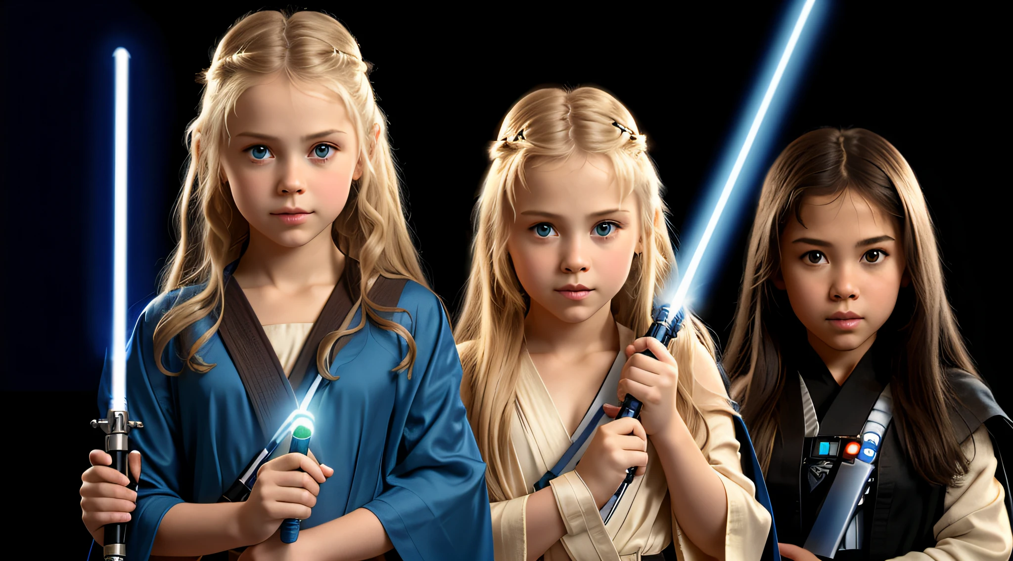 3 GIRLS Russian children with 10 years, WITH LONG STRAIGHT BLONDE HAIR, PORTRAIT STYLE, CLOSE UP, , holding two Lightabents in their hands, LightSaber wallpaper, with lightsaber sword, Jedi with lightsaber, holding a blue lightsaber, with lightsaber, holding a 4K lightsaber, holding a Lightabre. Splash Art, HD Star Wars Photo, Jedi Knight, Blue Lightsaber, Holding Laser Swords