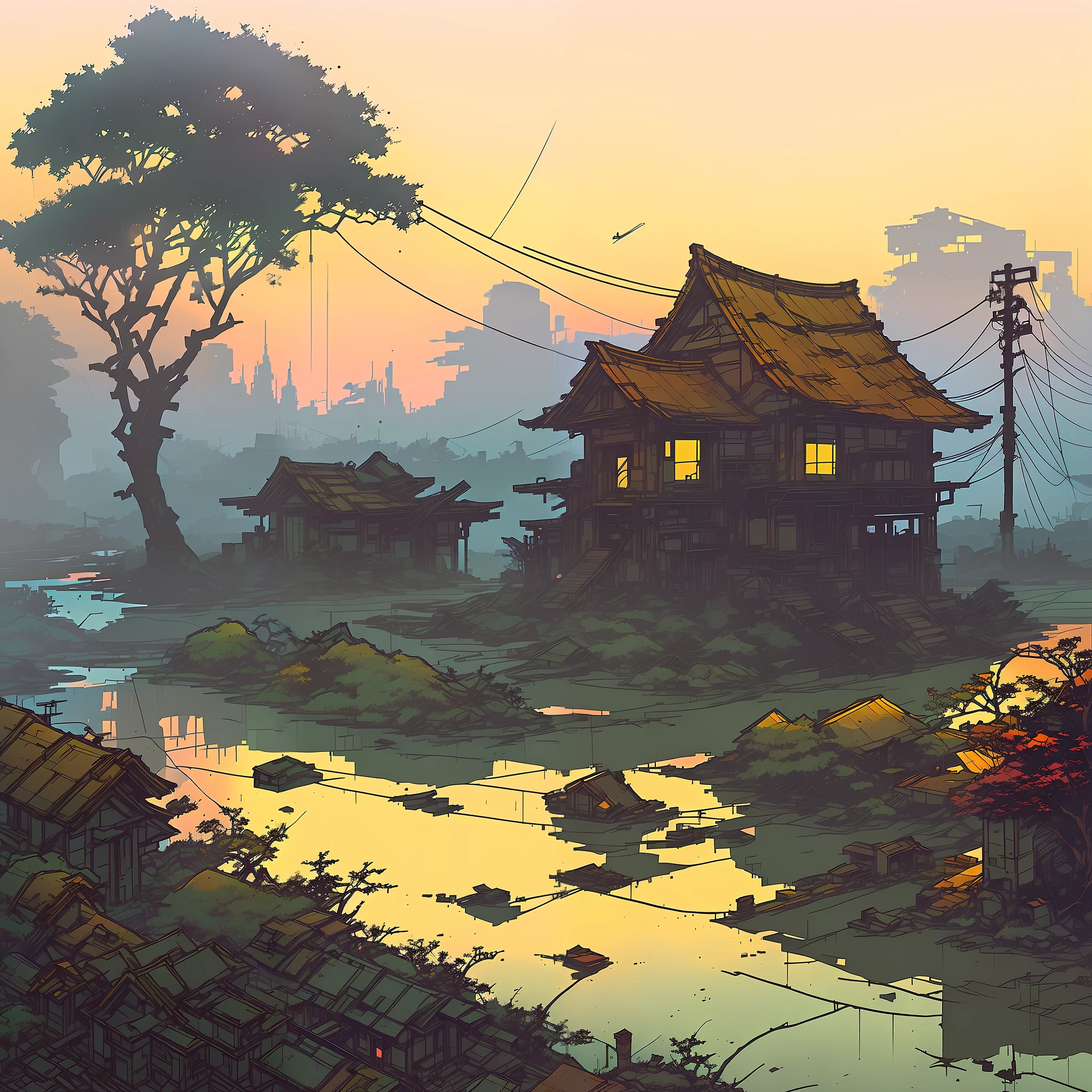 nvinkpunk oil painting of a japanese rural fields with old houses, river, waterfall, trees, dirt ground, wrecks on the ground, old and modern, futuristic home, spaceships, polluted water, rain, fog