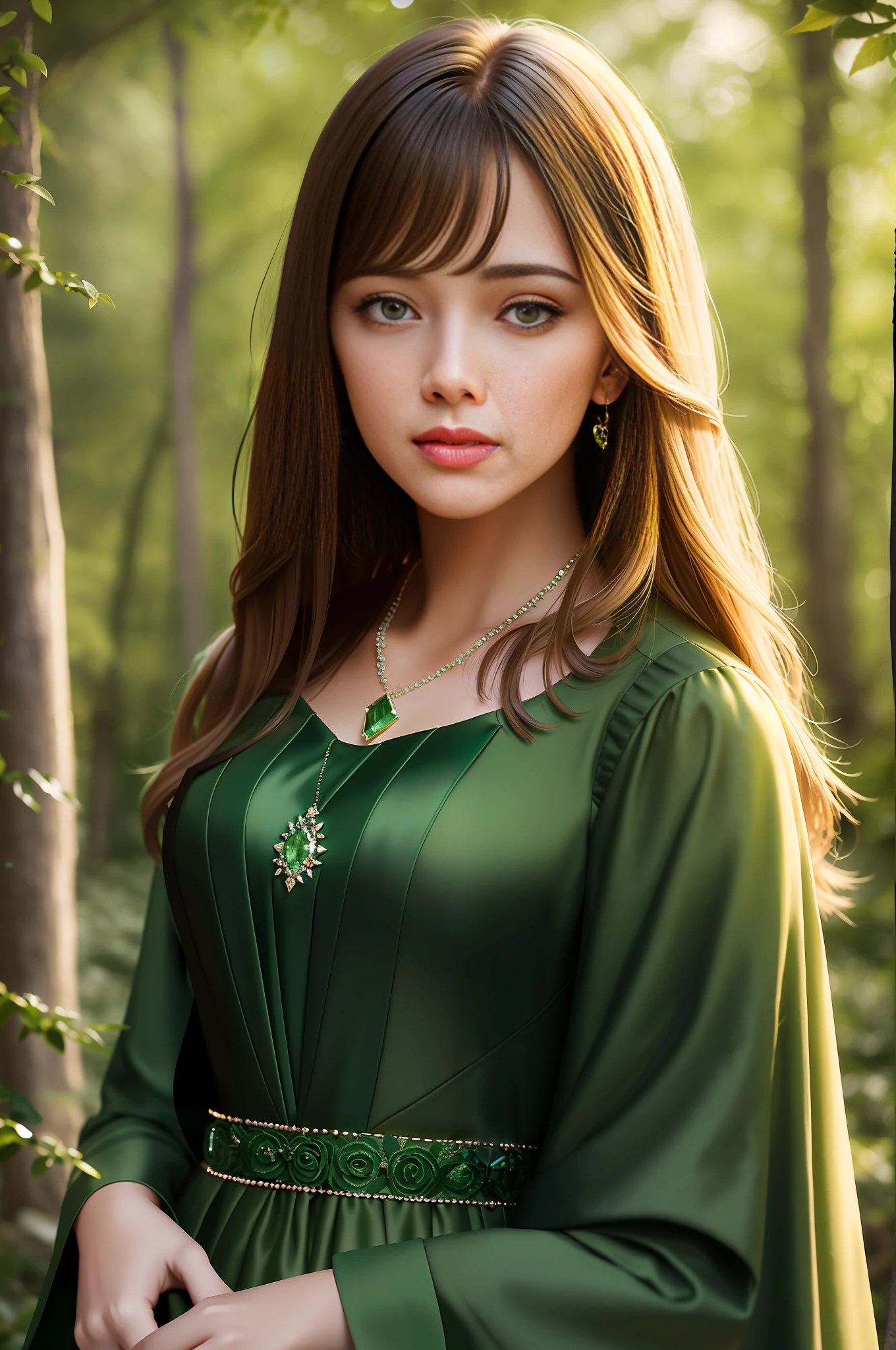 young woman with green eyes and long beautiful hair and a green dress in the woods, art by Abbott Handerson Thayer, fine detail, atmospheric, vivid tones, sharp focus, sharp edges, Beautiful simple emerald and diamonds necklace, detailed eyes, detailed face, looking into camera, intricate, night outfit, bokeh background, back lighting, realistic concept art, digital painting, rich 3d render, The entire face that is captured on screen, 16k