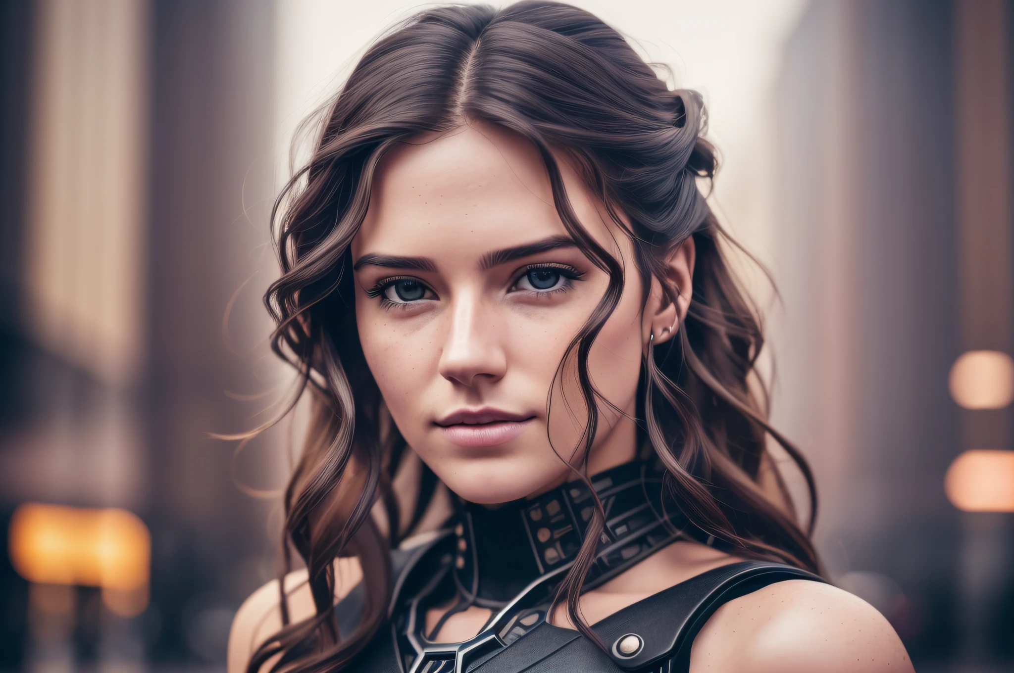 Full face portrait photo of a 25-year-old European girl, RAW, beautiful woman, semi-open strawberry lips, dimples, wistful look, (extra long wavy brown hair), ((detailed face)), ((detailed facial features)), (finely detailed skin), pale skin, (deep neckline detailed high-tech cyberpunk dress), cyberpunk megacity environment, (cool colors), damp, damp, reflections, (masterpiece) (perfect proportion)(realistic photo)(best quality) (detailed) shot on a Canon EOS R5, 50mm lens, F/2.8, HDR, (8k) (wallpaper) (cinematic lighting) (dramatic lighting) (sharp focus) (intricate), RAW photo, RAW photo, gigachad photo, posing for camera, black jeans, back arms, 8k uhd, dslr, high quality, grain film, Fujifilm XT3, film stock photography 4 kodak portra 400 camera f1.6 lens rich colors hyper realistic texture dramatic lighting unrealengine trend in artstation cinestill 800 tungsten, toughboy style, ultra focus face, intimidating, in fighting position, short messy hair, muscular, bursting veins, beaded --auto --s2