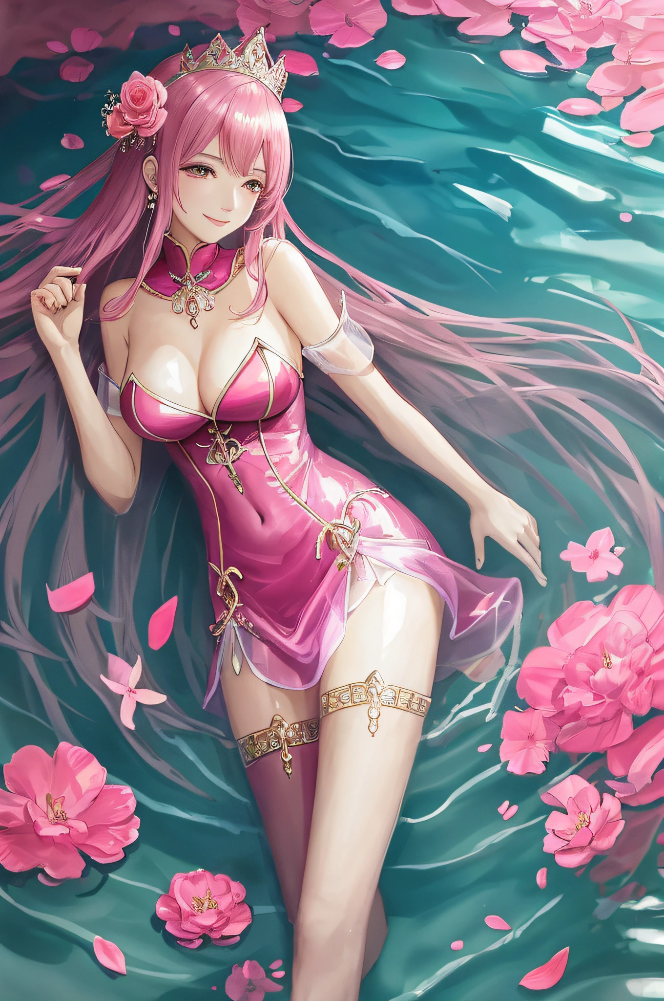 Beautiful woman in pink silk short skirt smiling in the water, Queen Fan, in the water to her shoulders, Shaxi, ((stockings, thigh-level)), full fairy, sexy, seductive