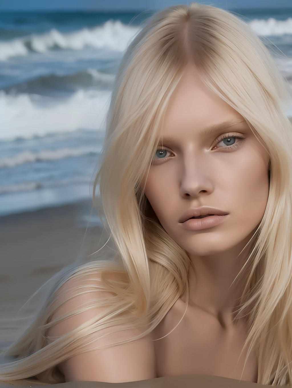BALENCIAGA 1 woman lying on the beach sand, long blonde hair fluttering, bangs, blonde hair, black suit, black clothes, sharp face, thin face, skinny beautiful face, dark beach, deep shadows, apocalyptic, no light, model, no eyebrow, dark deserted beach, night, looking at the viewer