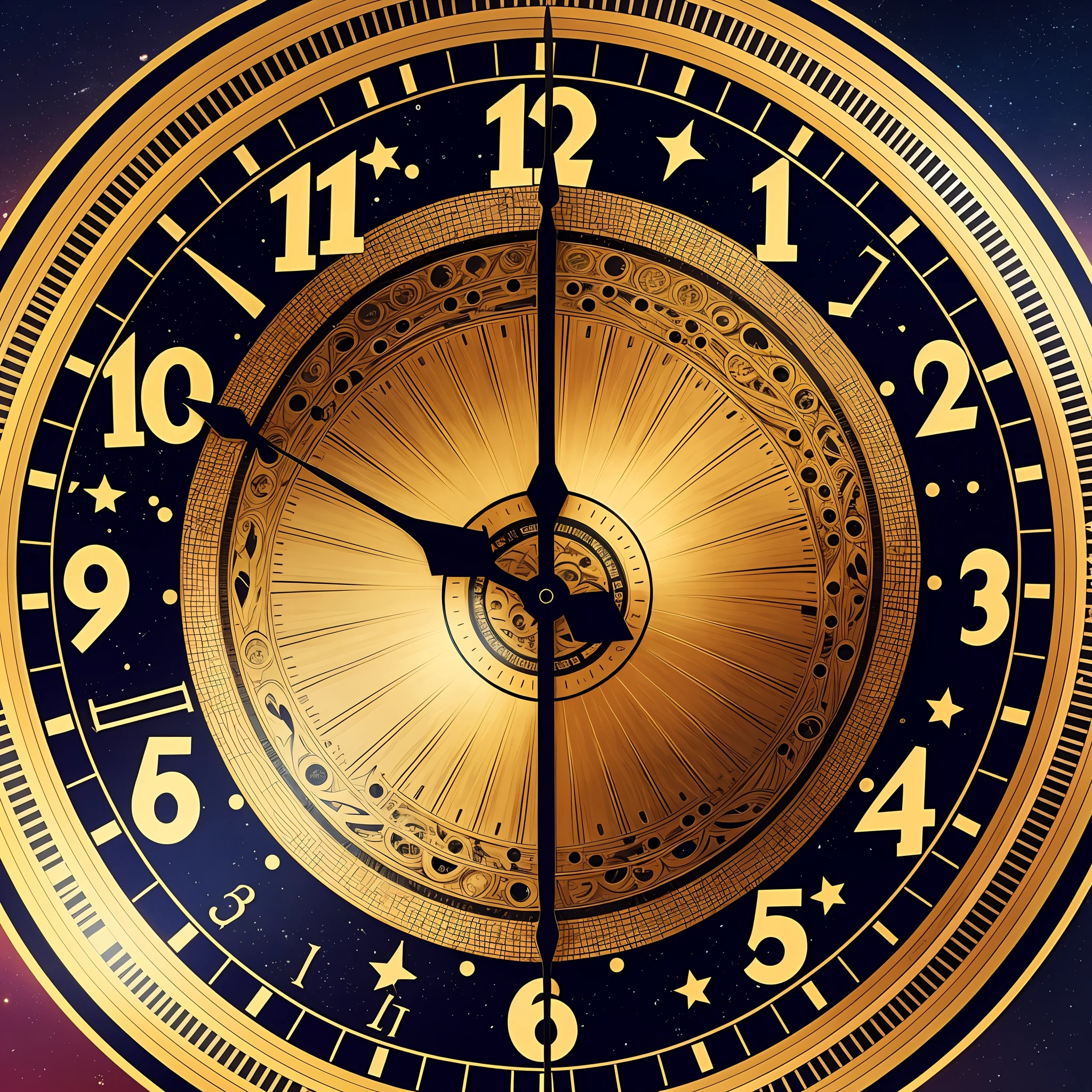 clock face with a sunburst and numbers on the face, clockface, relogio de, infinite space clock background --auto --s2