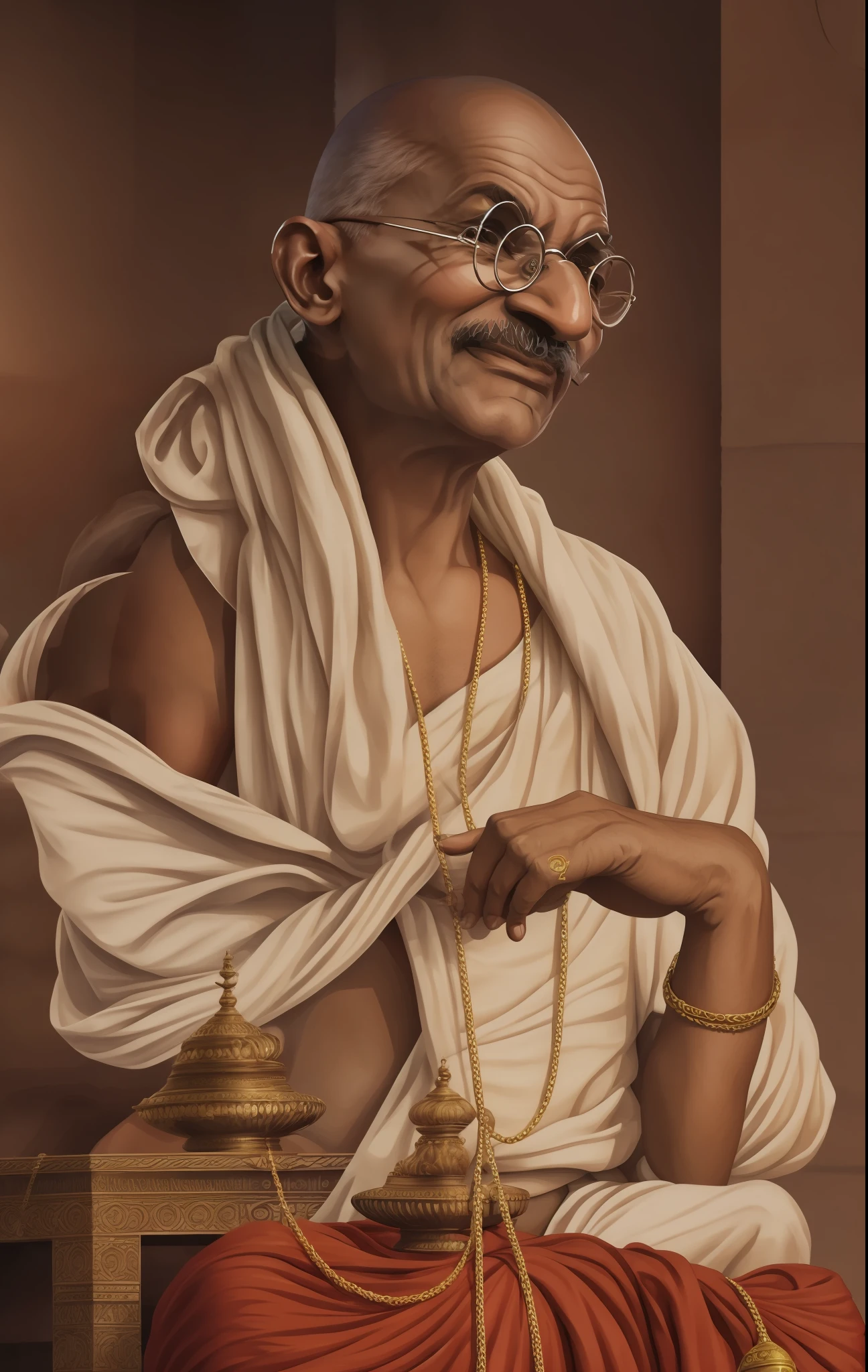 Mahatma Gandhi, in a meditation position, inside a temple, beautiful caricature, realistic epic, symmetrical facial features, intricate, elegant, digital painting, concept art, smooth, sharp focus, illustration, from Metal Gear