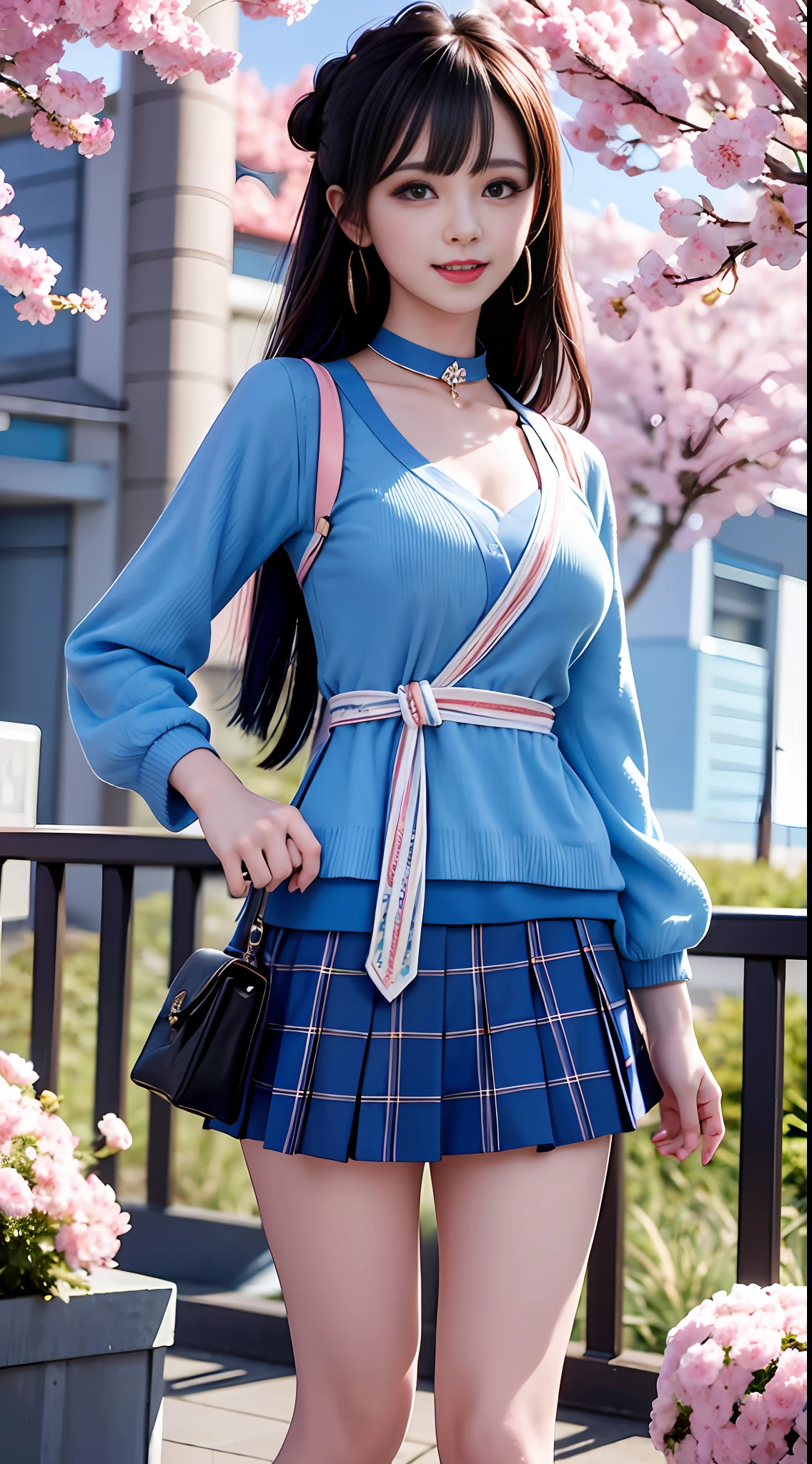 Masterpiece, Superb Piece, Full Body, 1girl, Bangs, Blue Choker, Blue Tie, Blue Long Hair, Blue Skirt, Blush, Bracelet, Choker, Waist Dress, Collar, Collared Shirt, Denim Photo, Dress Shirt, Ear Piercings, Eyebrows Visible Through Hair, Gradient Hair, Grinning, Gyaru, Jewelry, Kogal, Long Hair, Look at the Audience, Loose Tie, Tie, Piercing, Plaid Skirt, Plaid Skirt, Pleated Skirt, Red Eyes, Ring, School Uniform, Shirt, Skirt, Smile, Solo, white shirt, street, sky, cherry blossoms, petals, illustration, (magazine: 1.3), (cover style: 1.3), fashion, woman, vibrant, dress, pose, front, colorful, dynamic, background, element, confident, expressive, holding, statement, attachment, majestic, coiled, around, touch, scene, text, cover, bold, eye-catching, title, fashion, font, catchy, title, bigger, eye-catching, headline, bigger, eye-catching, modern, stylish, focused, stylish,