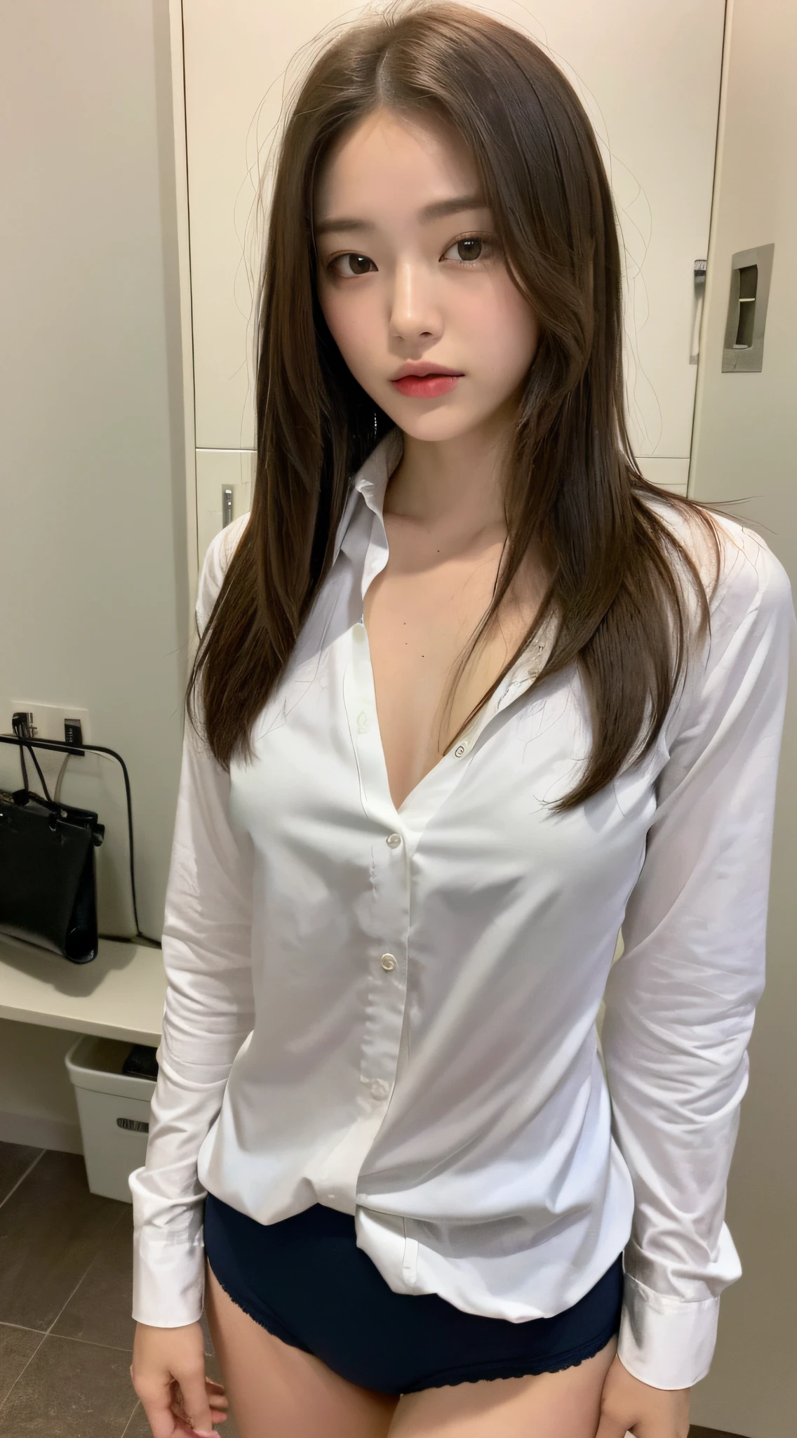 ((top quality, 8k, masterpiece: 1.3)), 1 woman, slender underwear highlighted beautiful girl: 1.3, (hairstyle very short, big: 1.2), uniform: 1.2, indoors, ultra-detailed face, detailed eyes, double eyelids, Japan person, black eyes, changing room, in the middle of changing, locker room, dressing room, white cotton underwear, shirt buttons are all unbuttoned,