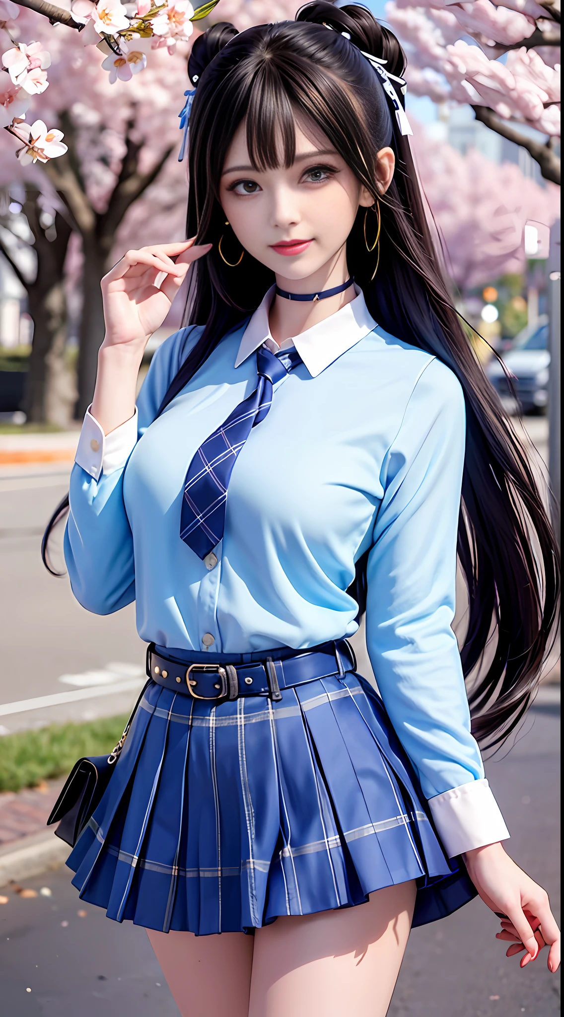 Masterpiece, Superb Piece, Full Body, 1girl, Bangs, Blue Choker, Blue Tie, Blue Long Hair, Blue Skirt, Blush, Bracelet, Choker, Waist Dress, Collar, Collared Shirt, Denim Photo, Dress Shirt, Ear Piercings, Eyebrows Visible Through Hair, Gradient Hair, Grinning, Gyaru, Jewelry, Kogal, Long Hair, Look at the Audience, Loose Tie, Tie, Piercing, Plaid Skirt, Plaid Skirt, Pleated Skirt, Red Eyes, Ring, School Uniform, Shirt, Skirt, Smile, Solo, white shirt, street, sky, cherry blossoms, petals, illustration, (magazine: 1.3), (cover style: 1.3), fashion, woman, vibrant, dress, pose, front, colorful, dynamic, background, element, confident, expressive, holding, statement, attachment, majestic, coiled, around, touch, scene, text, cover, bold, eye-catching, title, fashion, font, catchy, title, bigger, eye-catching, headline, bigger, eye-catching, modern, stylish, focused, stylish,