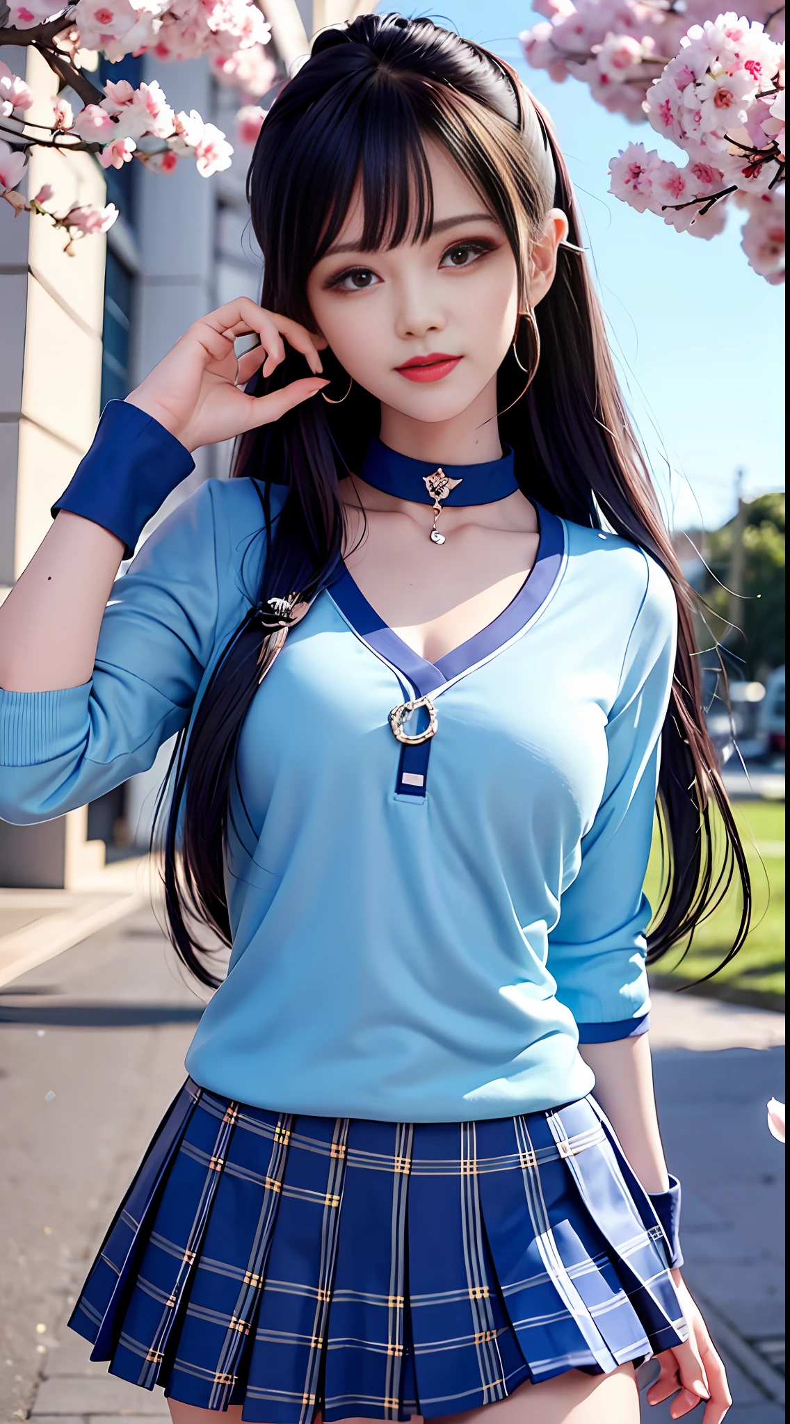 Masterpiece, Superb Piece, Full Body, 1girl, Bangs, Blue Choker, Blue Tie, Blue Long Hair, Blue Skirt, Blush, Bracelet, Choker, Waist Dress, Collar, Collared Shirt, Denim Photo, Dress Shirt, Ear Piercings, Eyebrows Visible Through Hair, Gradient Hair, Grinning, Gyaru, Jewelry, Kogal, Long Hair, Look at the Audience, Loose Tie, Tie, Piercing, Plaid Skirt, Plaid Skirt, Pleated Skirt, Red Eyes, Ring, School Uniform, Shirt, Skirt, Smile, Solo, white shirt, street, sky, cherry blossoms, petals, illustration, (magazine: 1.3), (cover style: 1.3), fashion, woman, vibrant, dress, pose, front, colorful, dynamic, background, element, confident, expressive, holding, statement, attachment, majestic, coiled, around, touch, scene, text, cover, bold, eye-catching, title, fashion, font, catchy, title, bigger, eye-catching, headline, bigger, eye-catching, modern, stylish, focused, stylish,