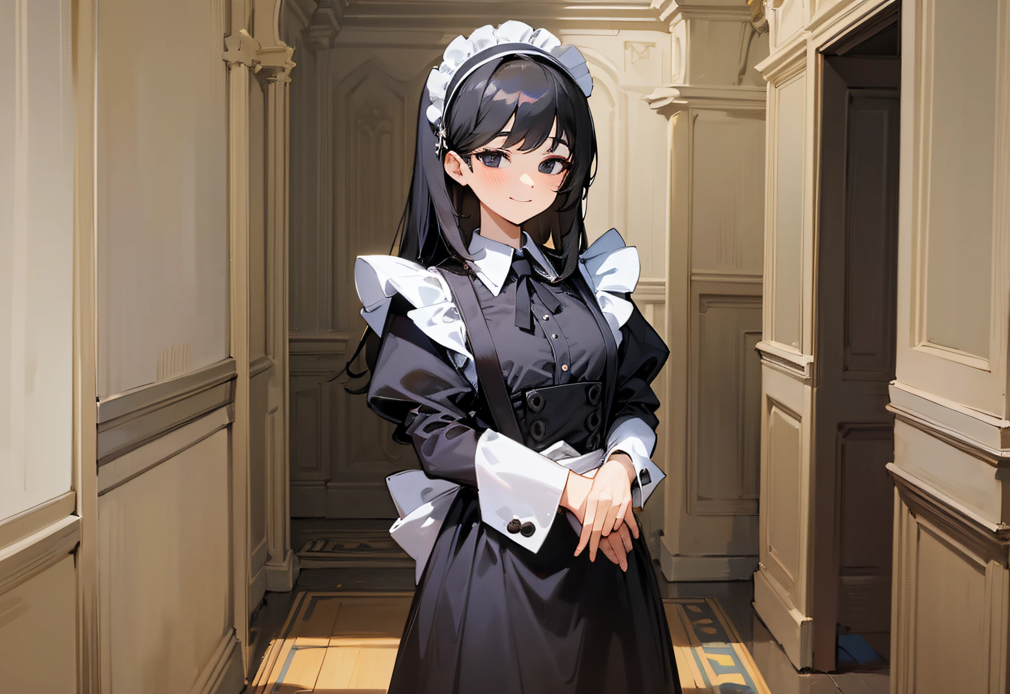 (Best quality, masterpiece), 1 woman, captivating eyes, indoor background, knee shot, modern, calm posture, maid's dress, maid's dress headband, an appropriate skirt length, black straight hair, black eyes, soft shadow, large chest, smile, an appropriate length of the chin, twitter header image, Maid Cleaning, Housekeeping Duties --auto --s2