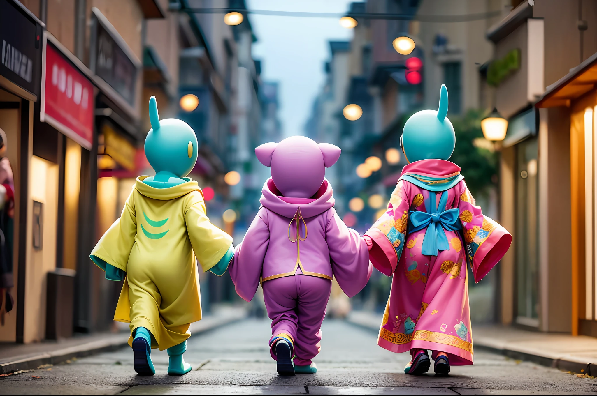 Dynamic scene, Three alien buddies, hands forward in front of them, walking drunk down the street, wearing fancy plush oriental costumes, Disney style, Smiling, Soft colors, 50mm, Super photorealistic, Dark blurred background Midjourney --auto --s2