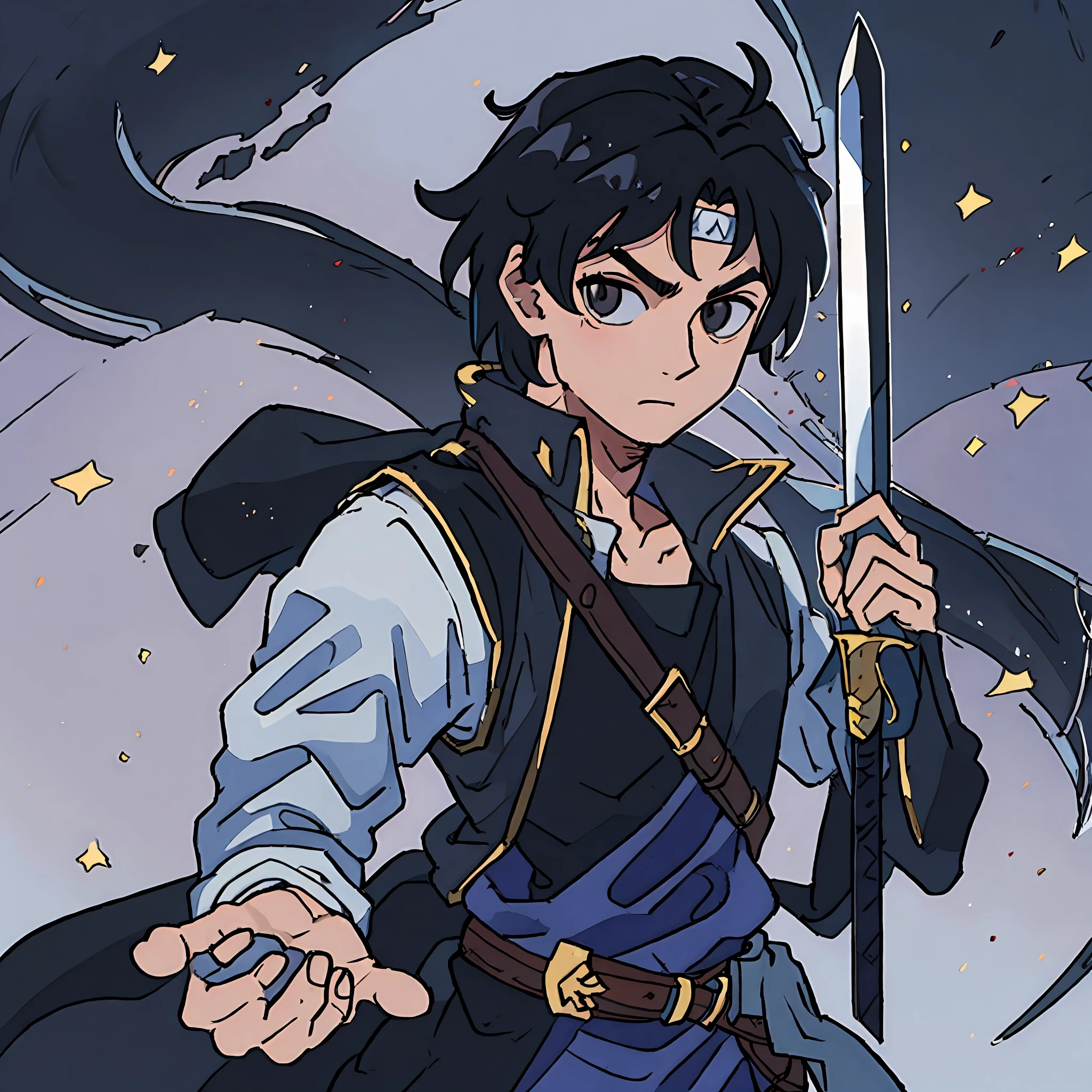 Create a messy black-haired male character, he should be holding a sword in his hands, he should be wearing an adventurer's outfit, he should be a handsome ager, do it anime-style;