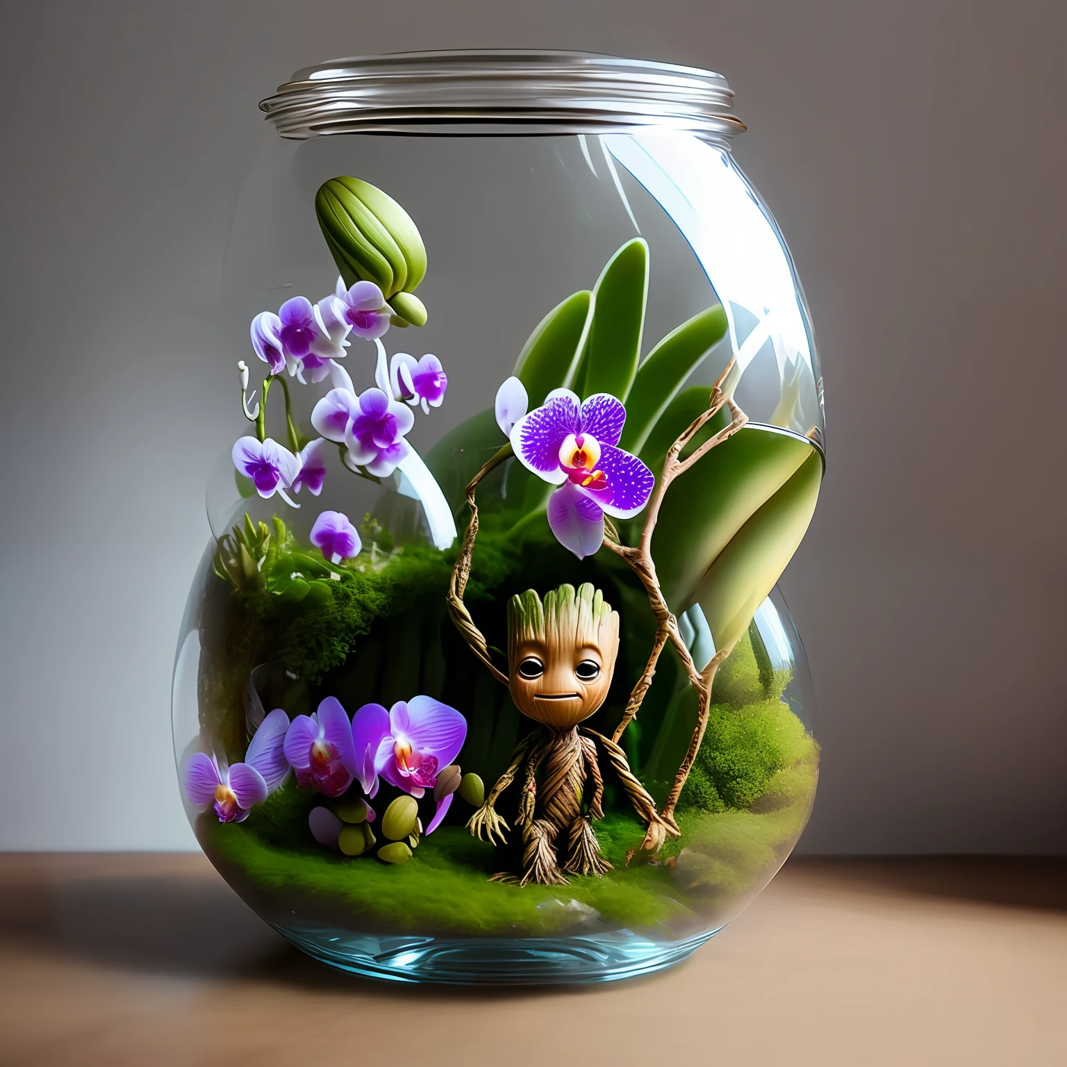 Baby Groot and a full-body guardian girlfriend of the galaxies
Inside a raining glass jar (with orchids shaped like birds)
