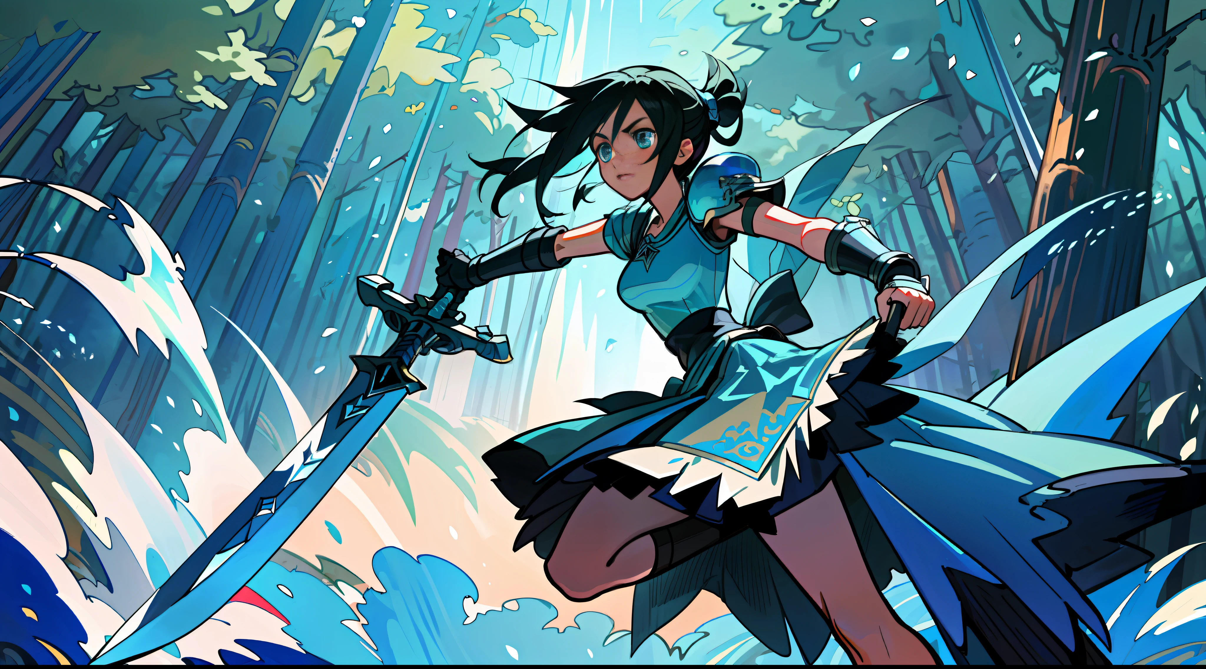 (best quality, masterpiece), Rinoa, from Final Fantasy 8, blue dress armor, blue sword and shield, forest background, perfect anatomy