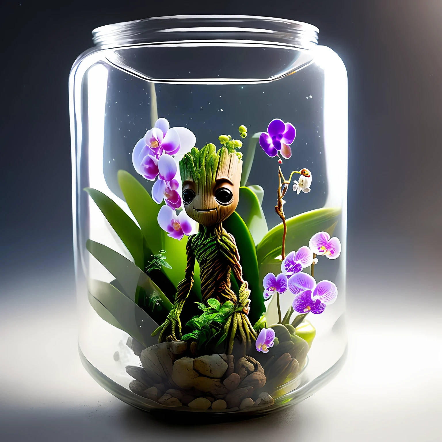 Baby Groot and a full-body guardian girlfriend of the galaxies
Inside a raining glass jar (with orchids shaped like birds)
