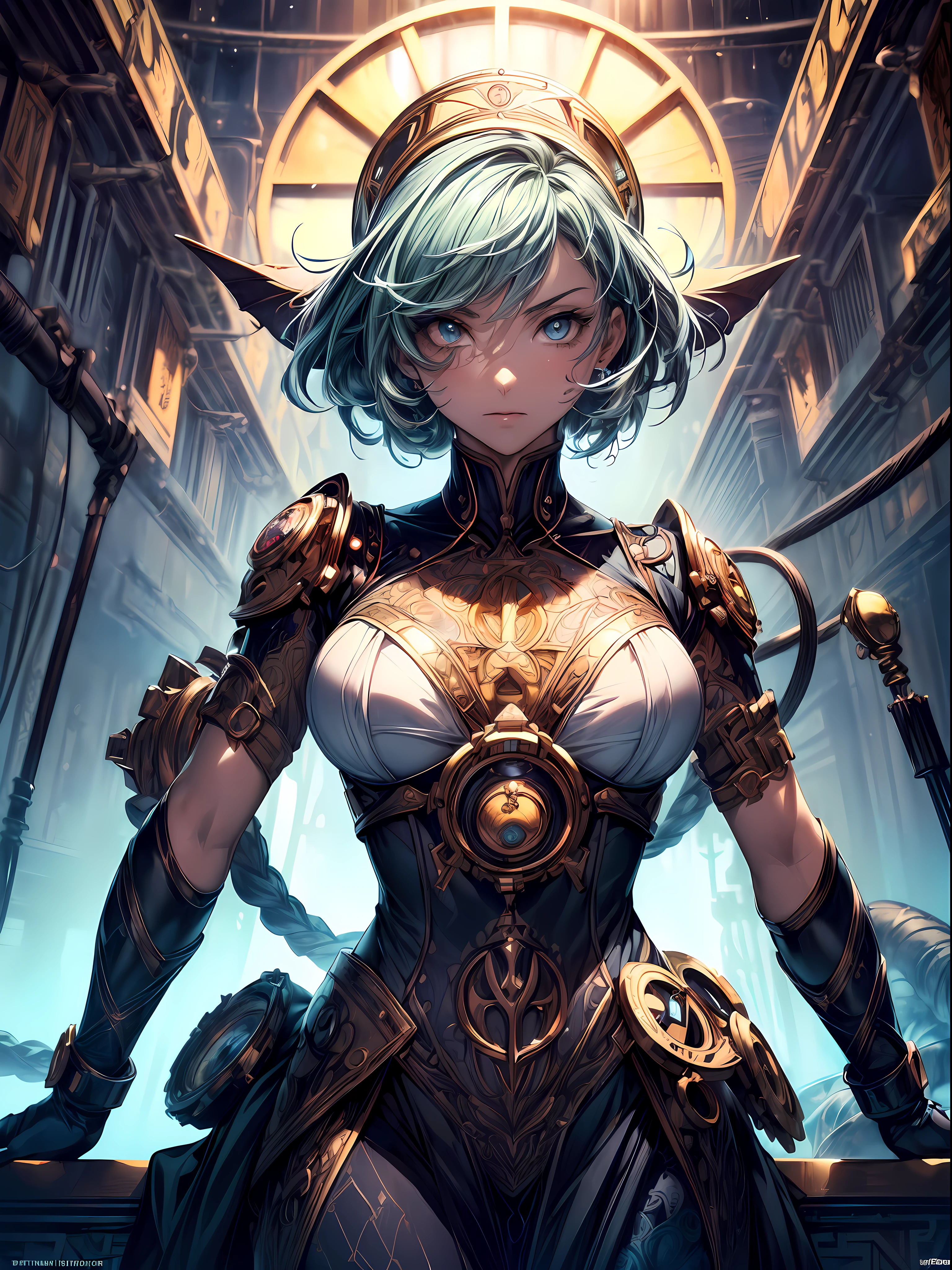 character illustration of a ( ( [ ominous | gloomy ] ) [ nautical | biomechanical | clockwork ] ( ( art deco ) diver ) ) full of hanging ( ( [ hoses | cables ] ) and conduits ) ( while [ standing | posing ] on top of a pedestal in the middle [ of an empty photobooth | of composition framing ] ) , Geometrical ( Alphonse Mucha's ) concept [ character design | costume design | art | illustration ] in low-tech [ sci-fi fantasy | medieval futurism ] CCDSF artstyle by [ Greg Staples | Boris Vallejo | Greg And Tim Hildebrandt ] and by [ Donato Giancola | Terese Nielsen ] , ( clear and readable tangents ) full of negative space , exquisite 3D ( solid drawing ) volumetry enhancing perspective ( depth ),((close up)),((squad))
,(((short_hair))),((potrait_girl)),((dynamic_pose)),((muscular)),(((intricate dress,detailed accessories,intricate clothes)),
,((Best quality)), ((masterpiece)), ((highly intricate details)),beautiful, high quality, highres, absurdres, light difussion, intricate details, complex details, ((anime)), (anime:1.2) , (perfect face:1.3), extreme detailed eyes, colorful, highest detailed, vibrant colors, high contrast, (8K UHD:1.2), (photorealistic:1.2),(masterpiece:1.4), (best quality:1.4),extremely detailed wallpaper, highly detailed illustrations, ((1 Girl)), (best lighting) , (super-complex details) , 4K unified, (super-detailed CG: 1.2) , (8K: 1.2),(original), (masterpiece) , (best quality) , (reality: 1.3) , photorealistic, Octane rendering, (surreal: 1.2),((staff,upper body,tattoes:1)),(((upper_body)))