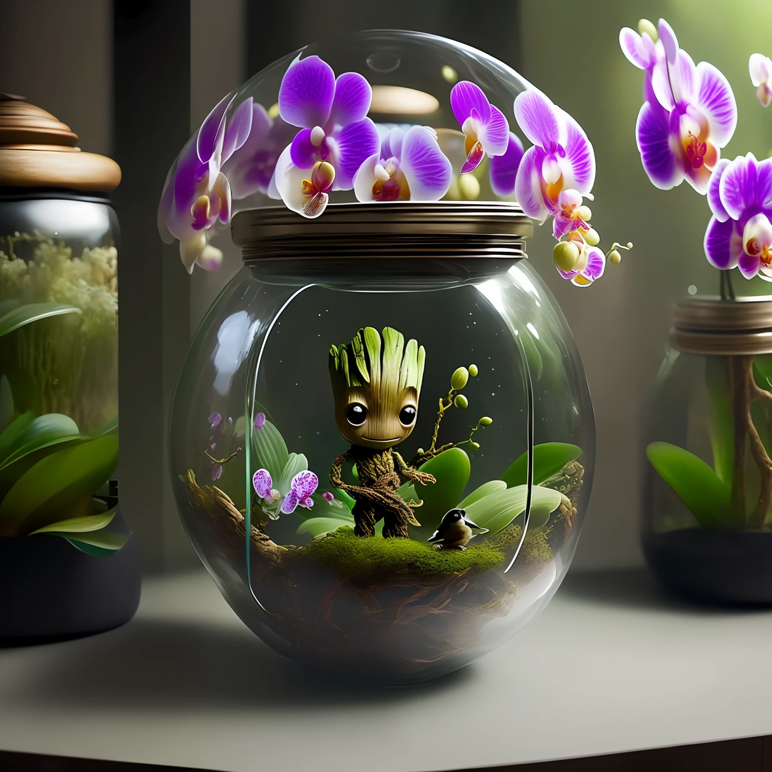 Groot (and a girlfriend) full-body guardians of the galaxies
Inside a raining glass jar (with orchids shaped like birds)