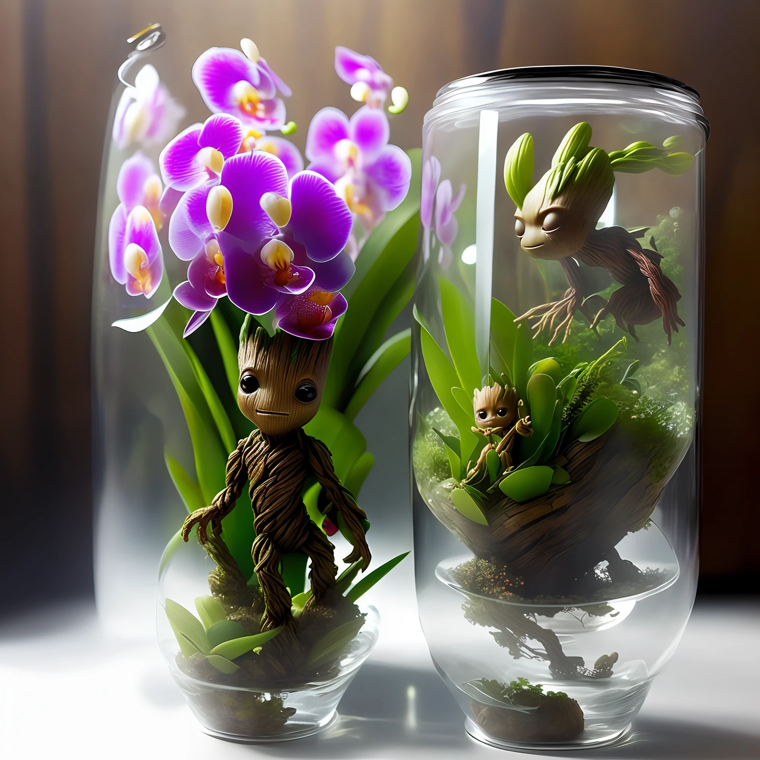 Baby Groot (and a girlfriend) full-body guardians of the galaxies
Inside a raining glass jar (with orchids shaped like birds)