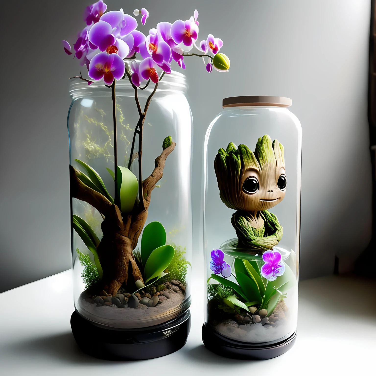 Baby Groot (and a girlfriend) full-body guardians of the galaxies 
Inside a raining glass jar (with orchids shaped like birds)