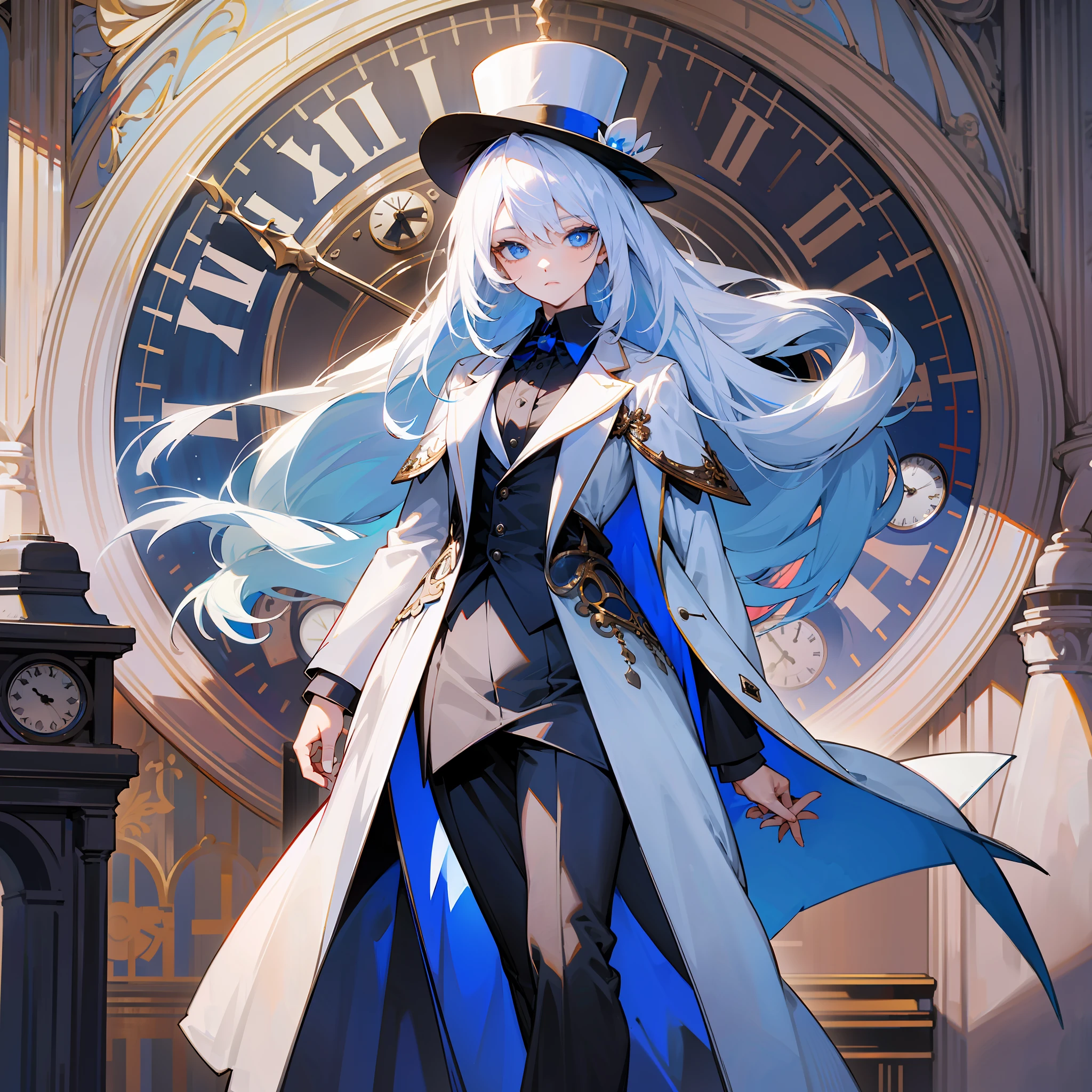 blue eyes, white hair, blue male formal suit, woman, long white hair, top hat, full body, teenage woman, beautiful, a big clock behind, time, clock