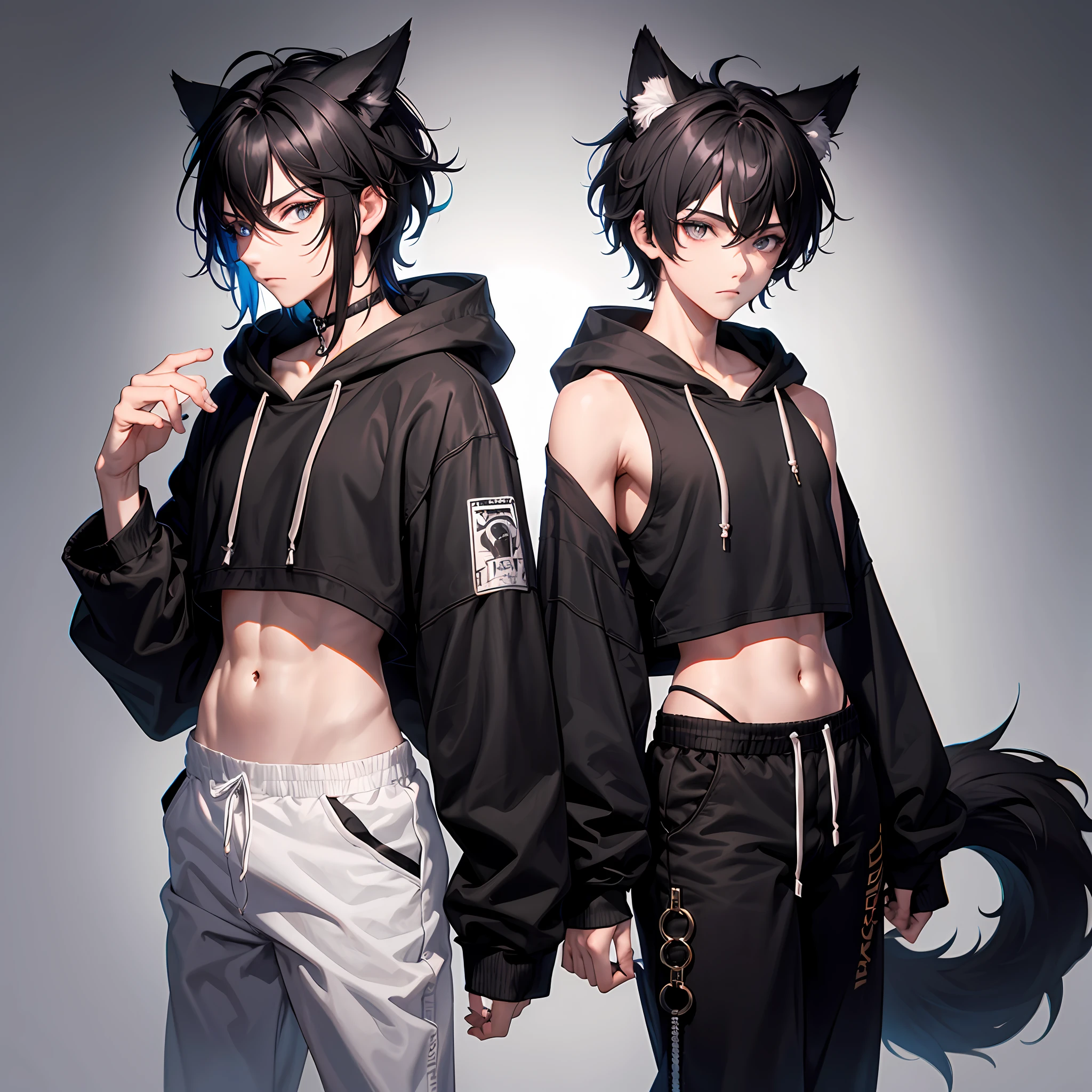 2boy, toned, sharp big wolf ears, wolf tail, black messy hair, wide and very vivid black eyes, HD, masterpiece, vibrant, slim dark crop top hoodie, full body view, trendy hair,