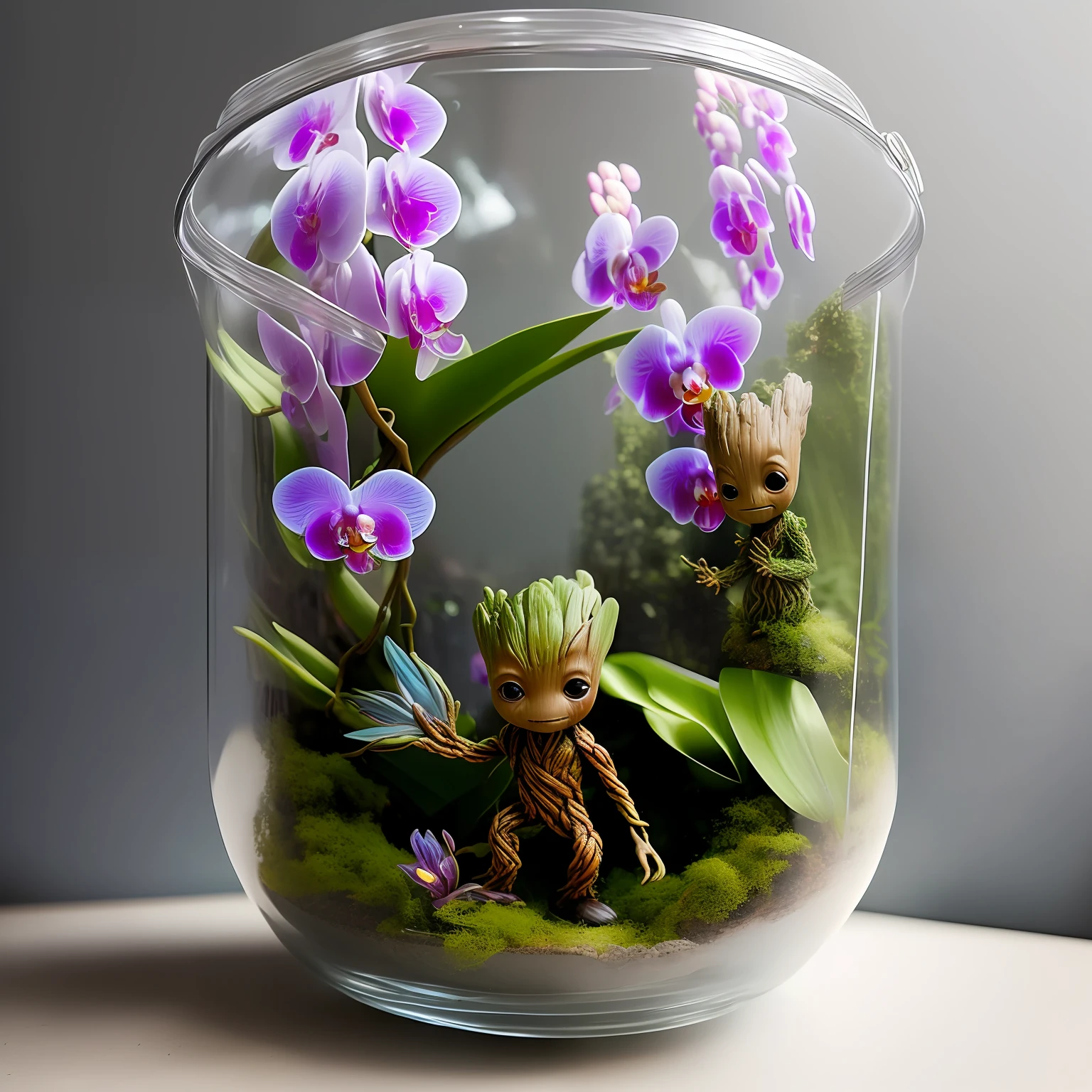 Baby Groot (and a girlfriend) full-body guardians of the galaxies 
Inside a raining glass jar (with orchids shaped like birds)