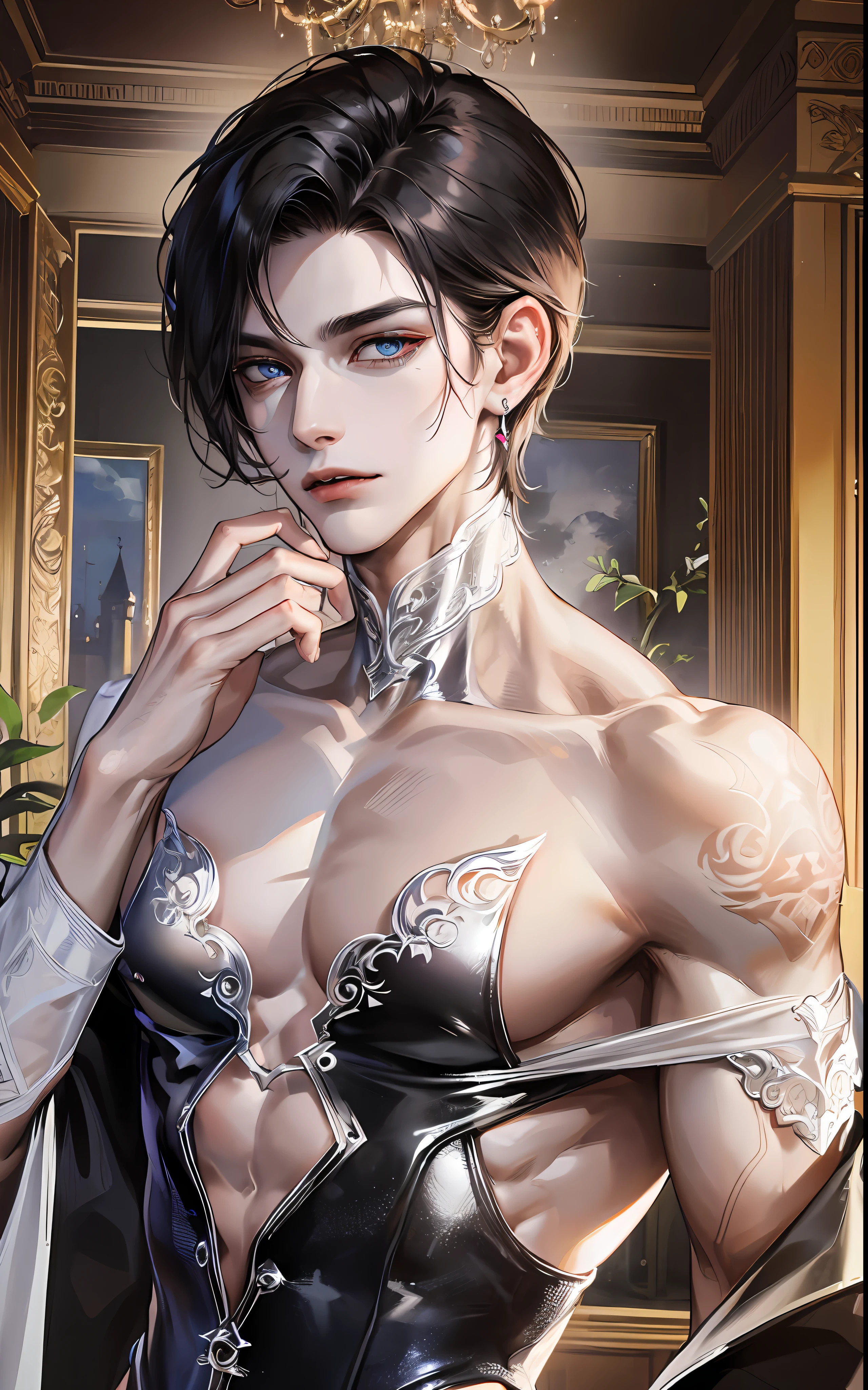 man, masculine, masculine face, attractive, muscular, ((1man)), masterpiece, absurdres, best quality ,intricate details , (shiny skin, shiny body, shiny oily luster skin, shiny hair, pale skintone), Sundown, attractive, ((muscular)), adult, one, tattoo in his chest ,black blouse, earrings, black pants, Don't look at the view , Not looking at the view, red short hair, perfect detailed face, perfect detailed hands, vampire, blue eyes, ((MLS)), medium large shoot