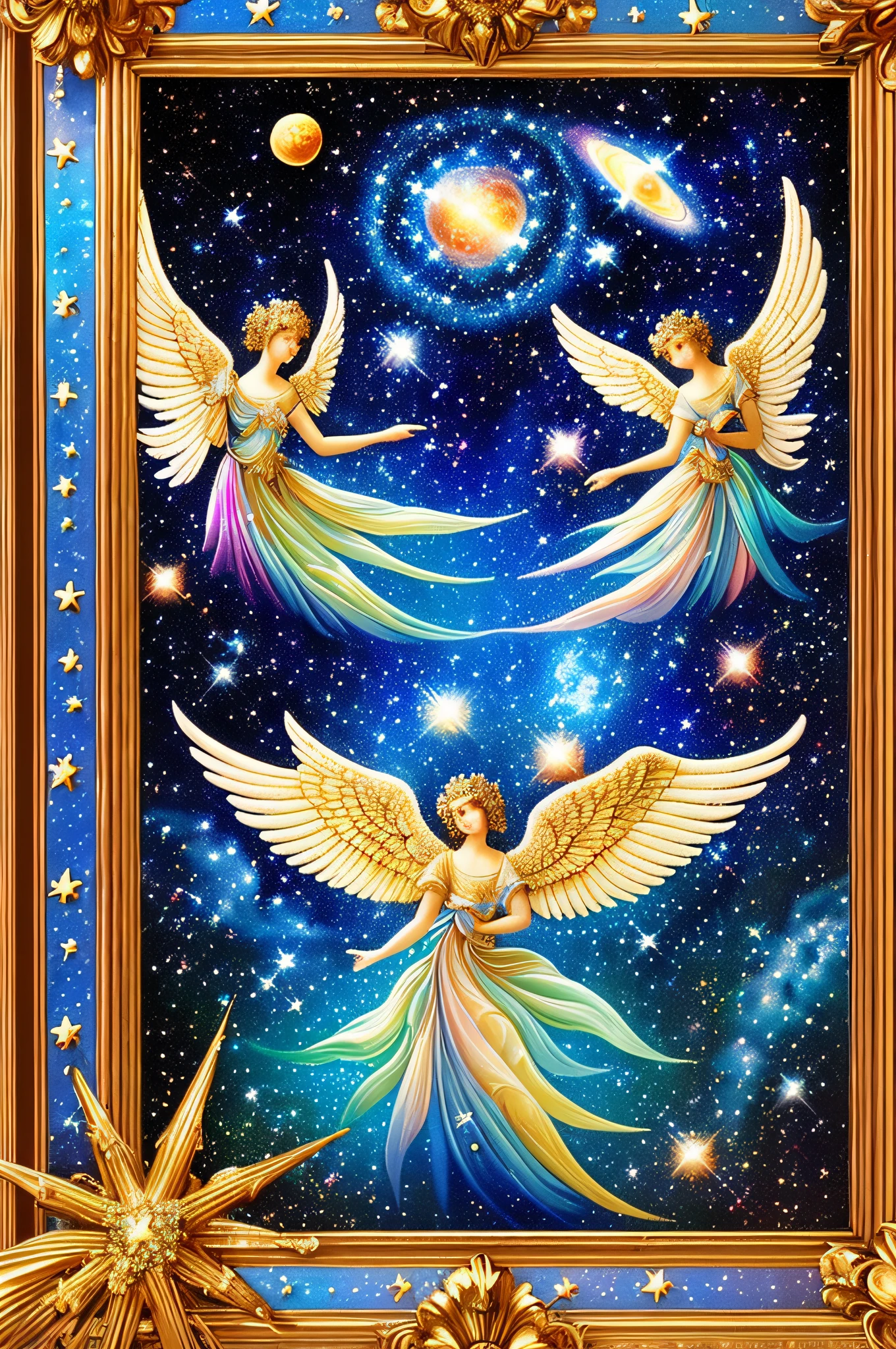 (Masterpiece, top quality, high resolution, absurdity, detail: 1.2), angels, goddesses, wings of angels on the back, look away, beautiful decorative frame, (paint brush, iridescent, holographic: 1.6), (universe, celestial body, planet, star, milky way galaxy)